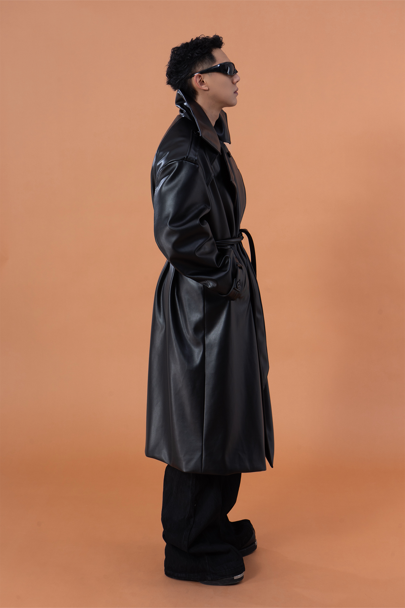 CLP Glossy Faux Leather Belted Trench Coat