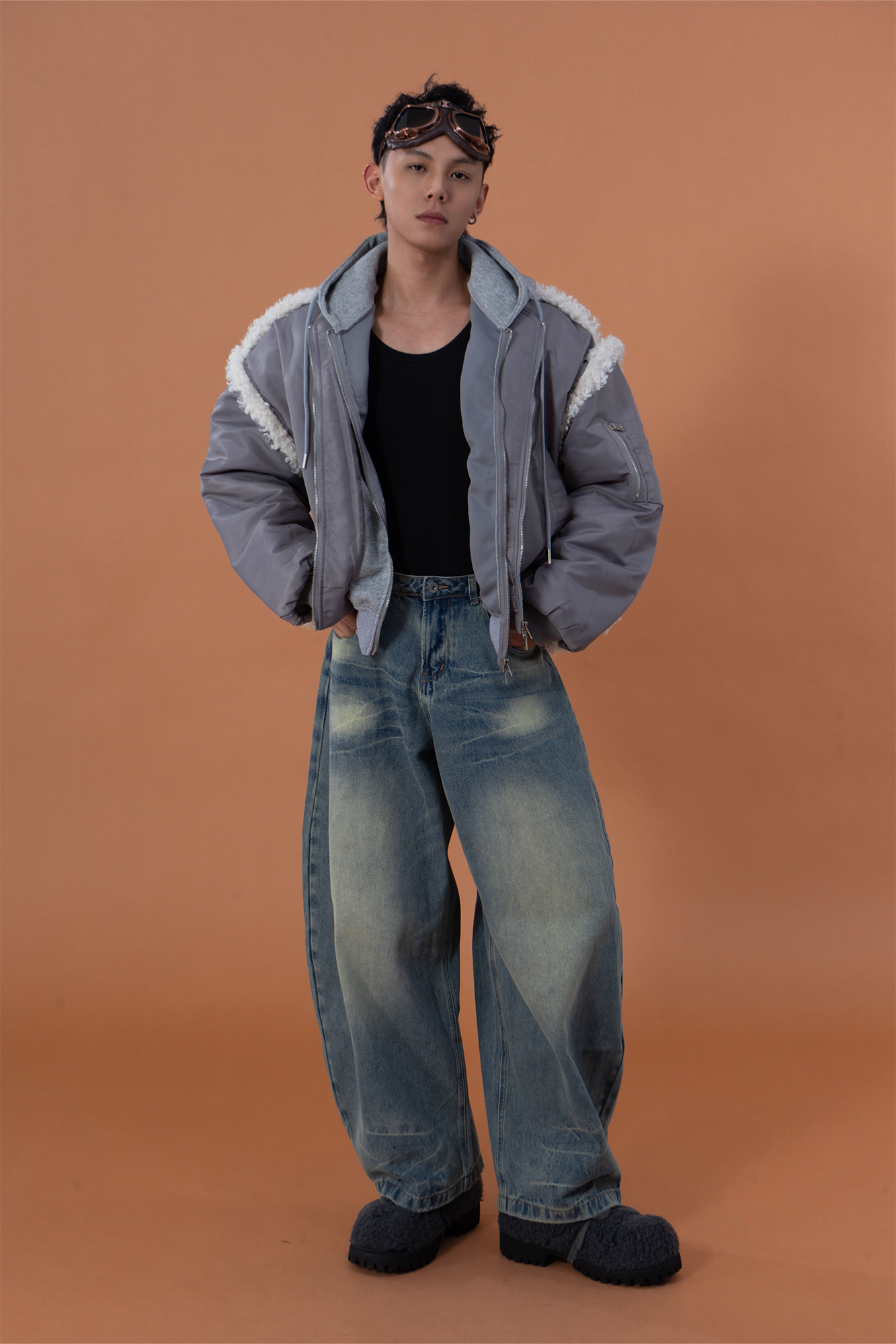 CLP Layered Faux Shearling Hooded Bomber Jacket