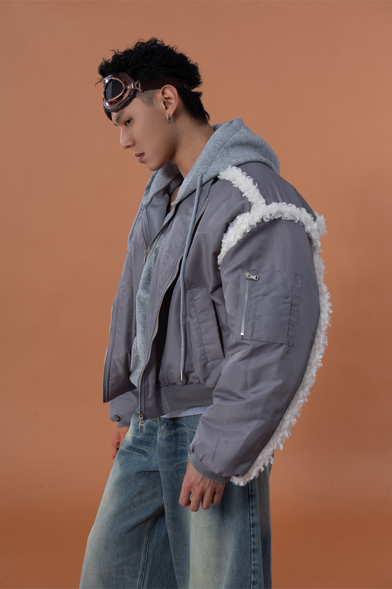 CLP Layered Faux Shearling Hooded Bomber Jacket