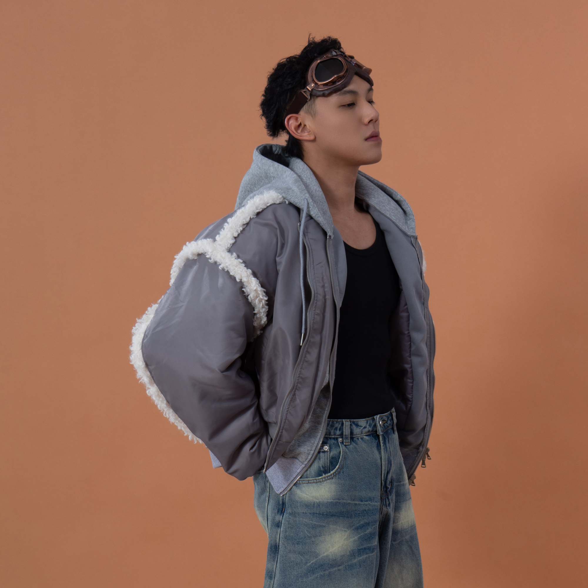 CLP Layered Faux Shearling Hooded Bomber Jacket