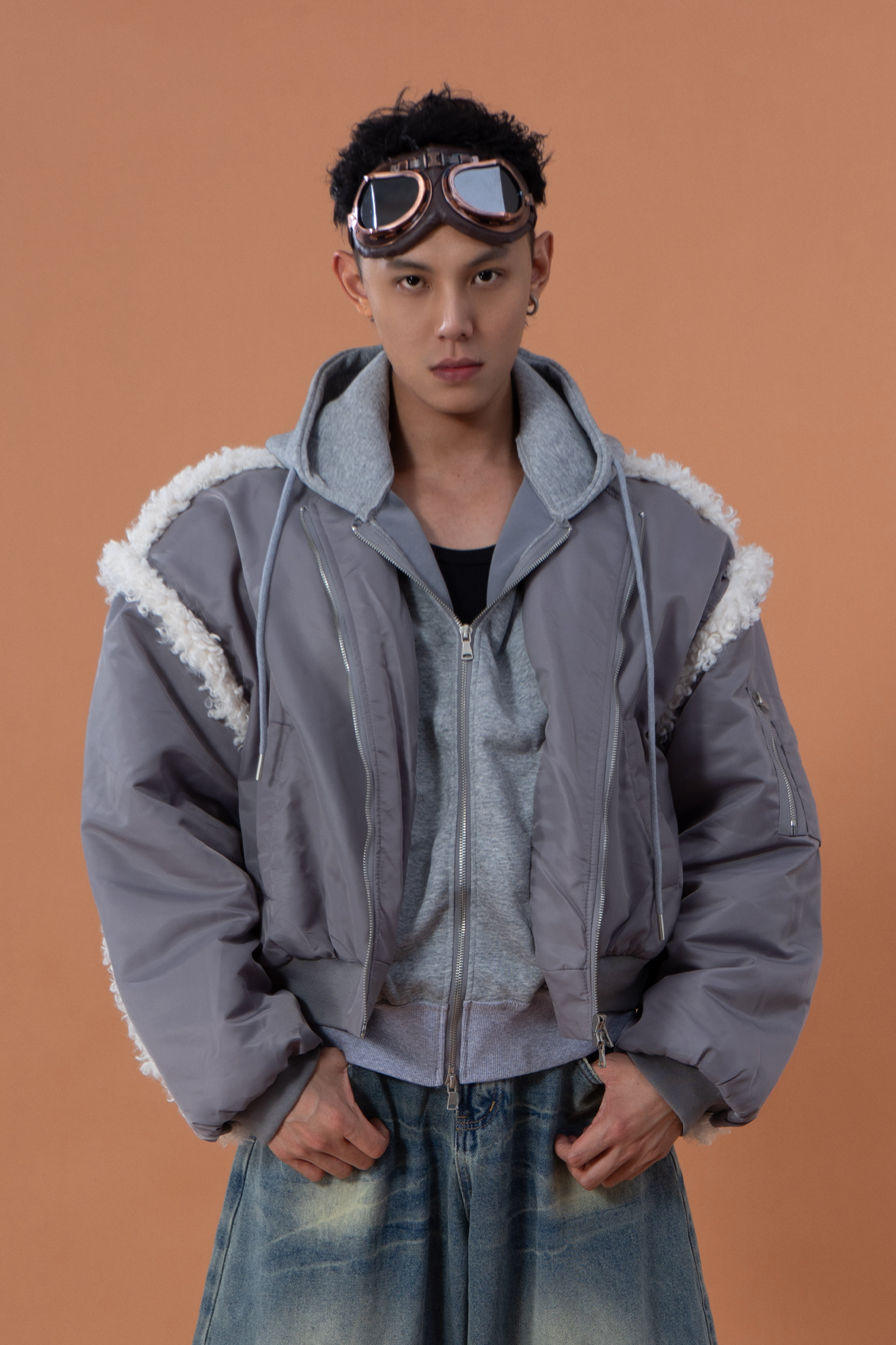 CLP Layered Faux Shearling Hooded Bomber Jacket