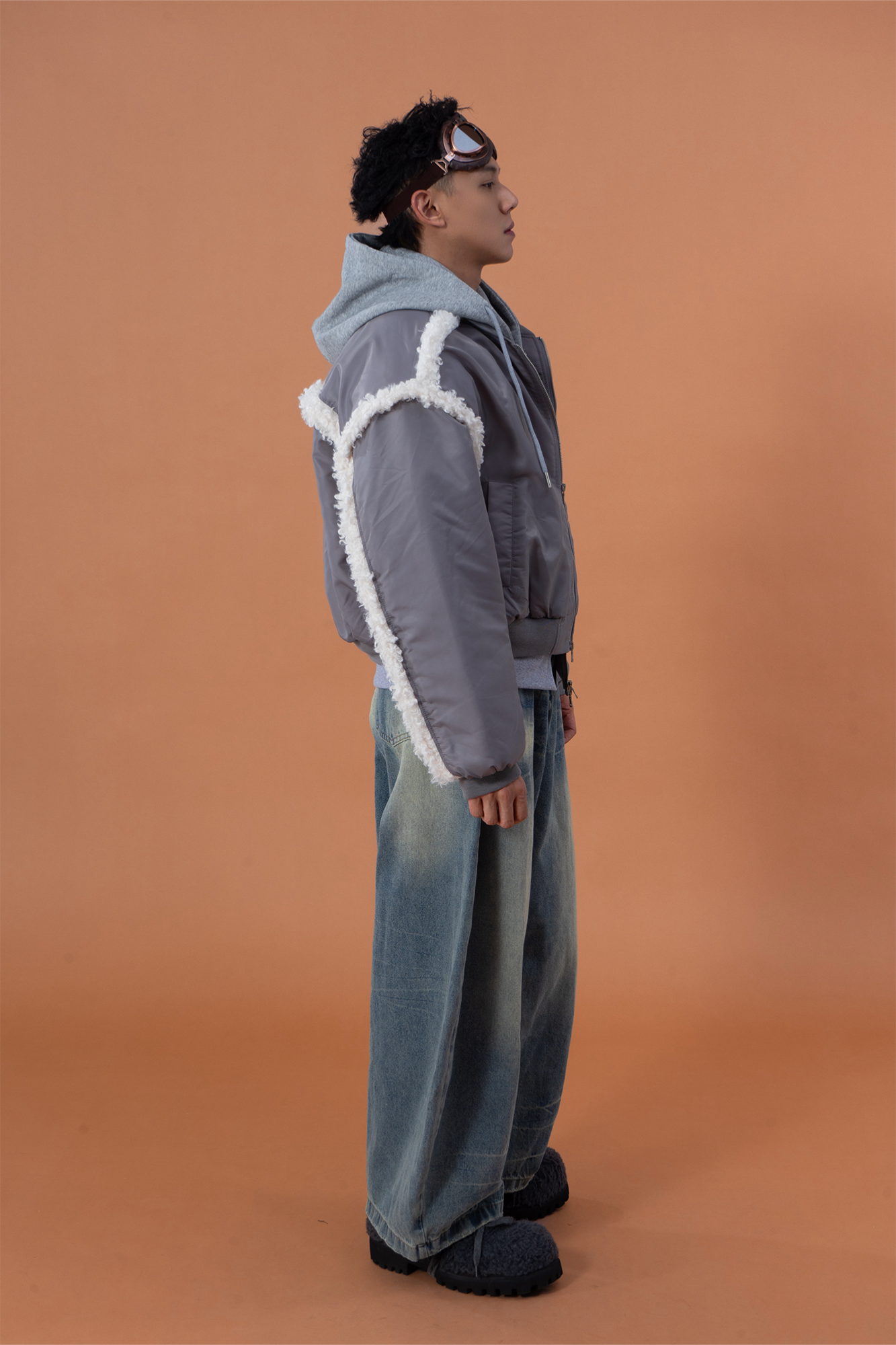 CLP Layered Faux Shearling Hooded Bomber Jacket