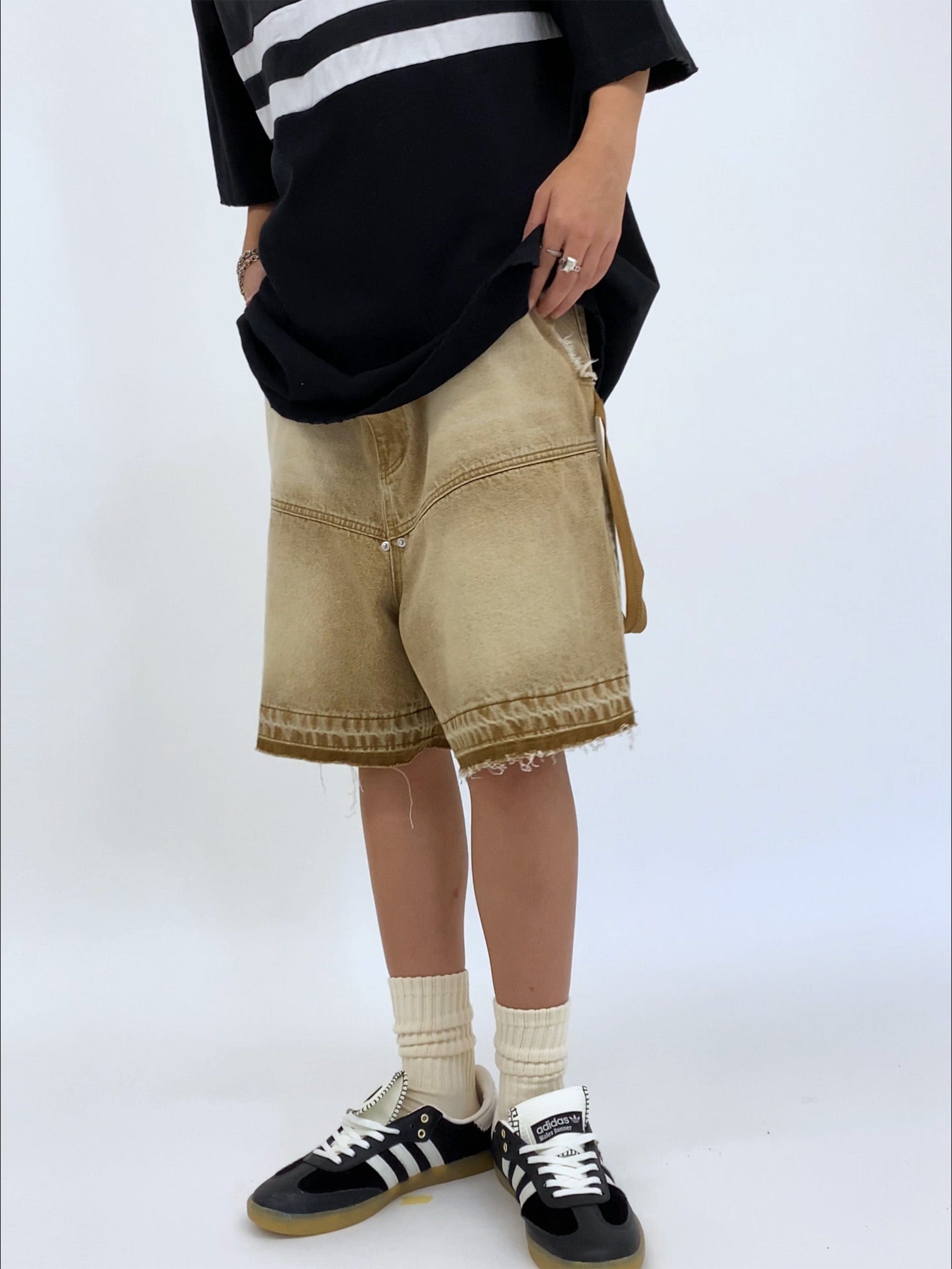 OVDY Retro Faded Spliced Raw Edge Shorts