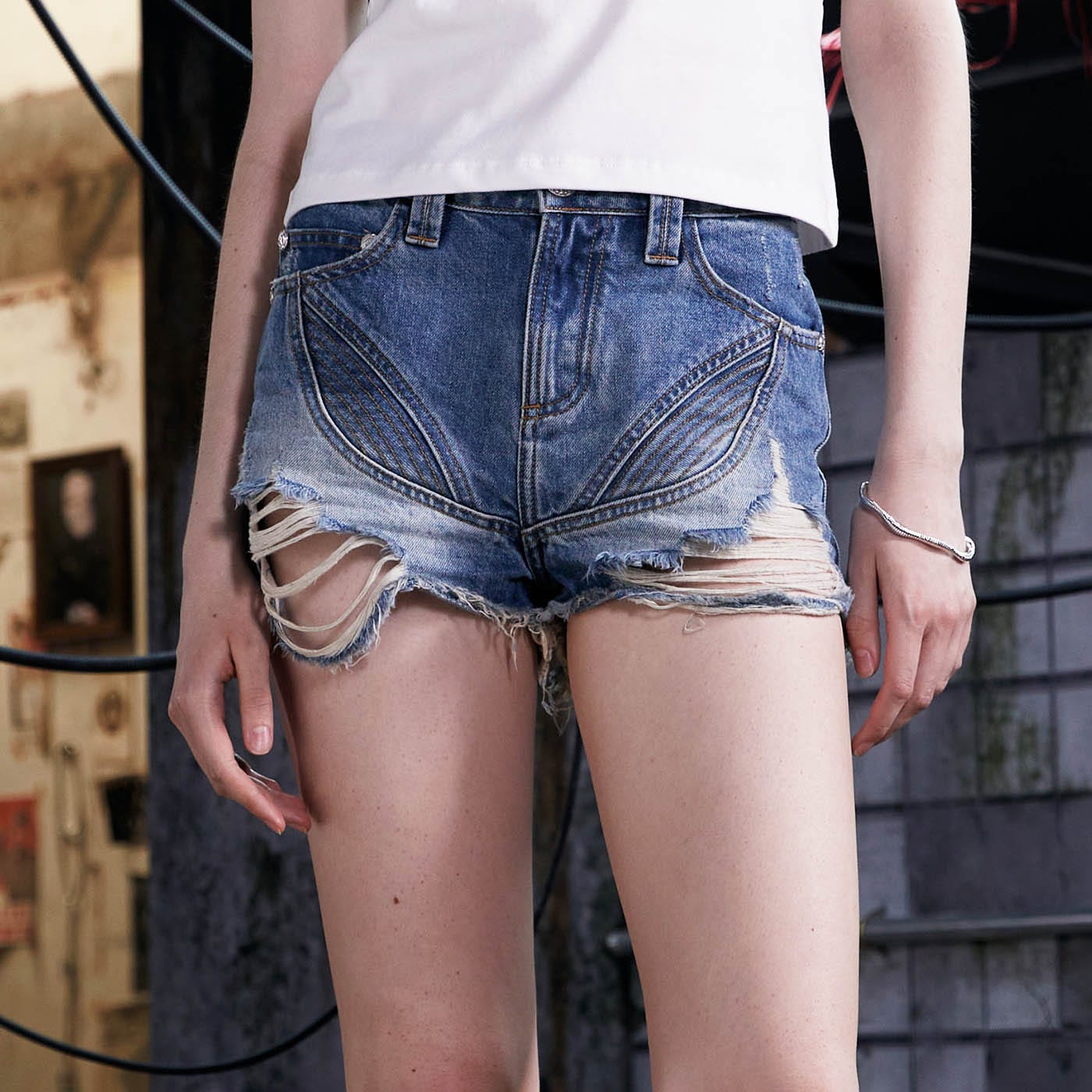 FACEONLAB Deconstructed Cropped Ripped Denim Shorts