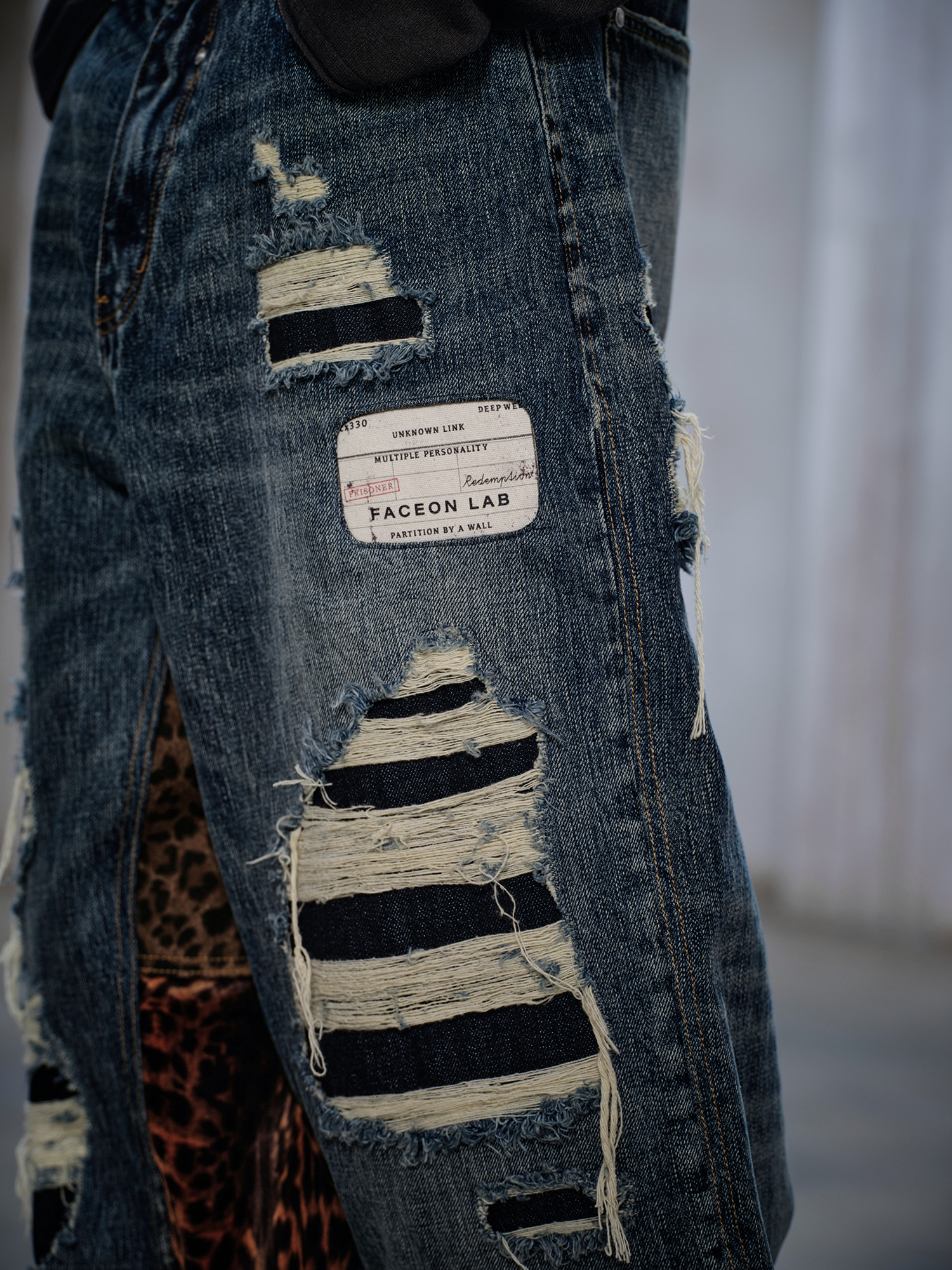 FACEONLAB Distressed Patch Leopard Paneled Jeans, premium urban and streetwear designers apparel on PROJECTISR.com, FACEONLAB