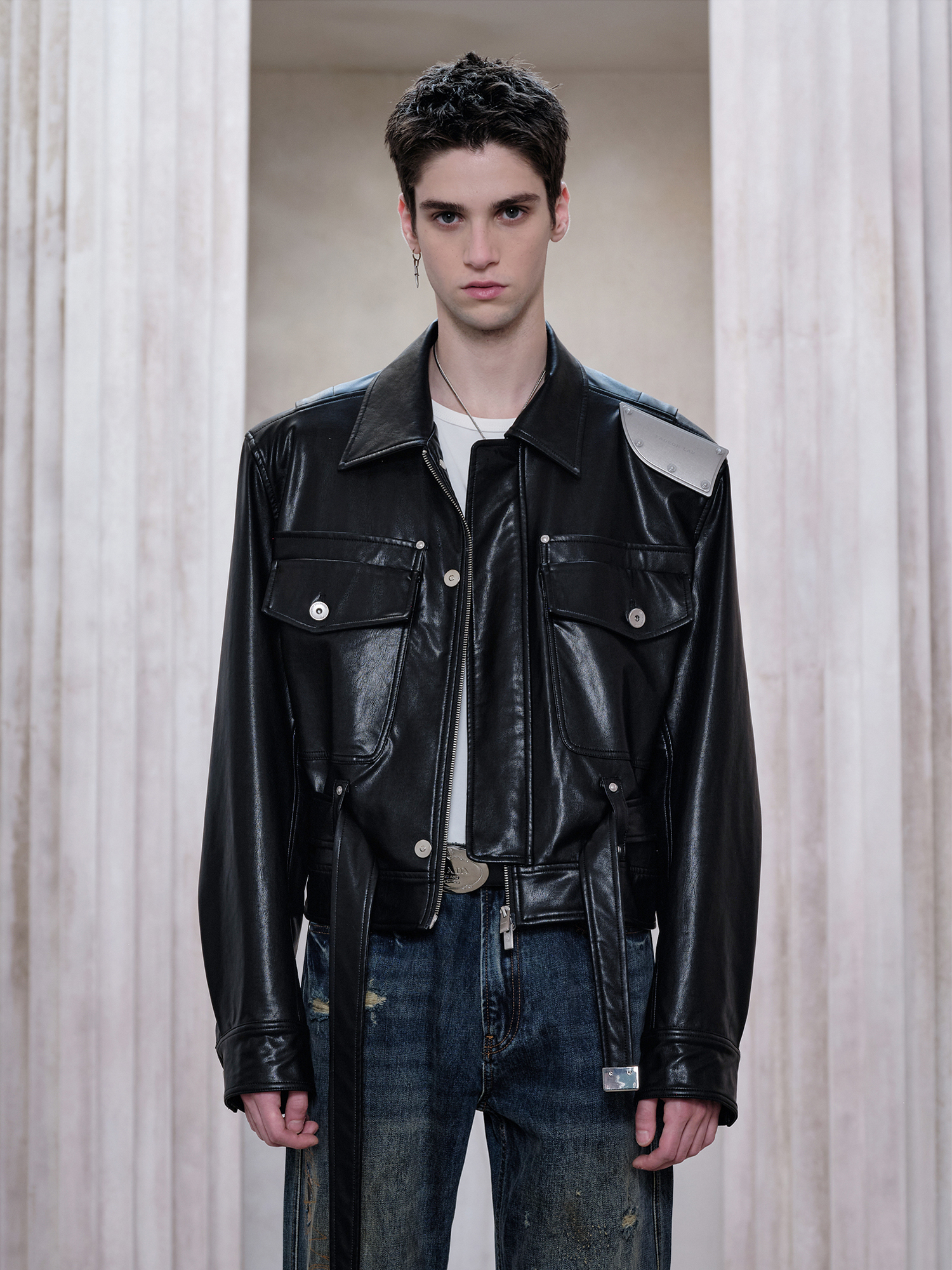 FACEONLAB Metal Epaulettes Belted Faux Leather Jacket Black