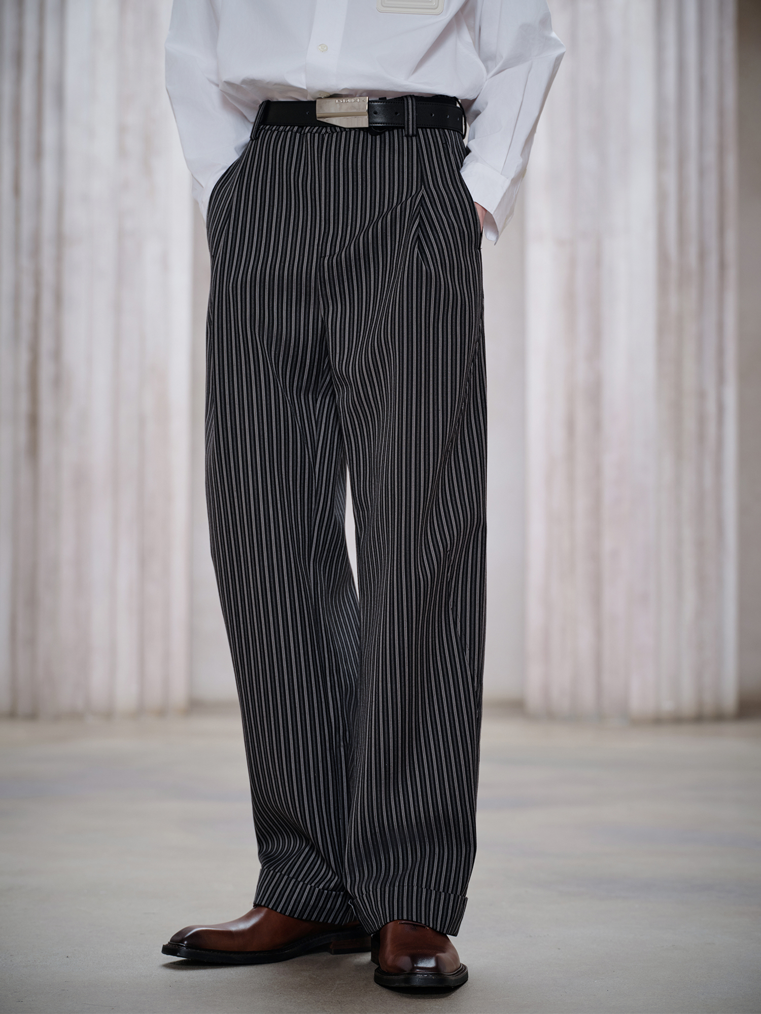 FACEONLAB Classic Striped Wool Pleated Tailored Trousers