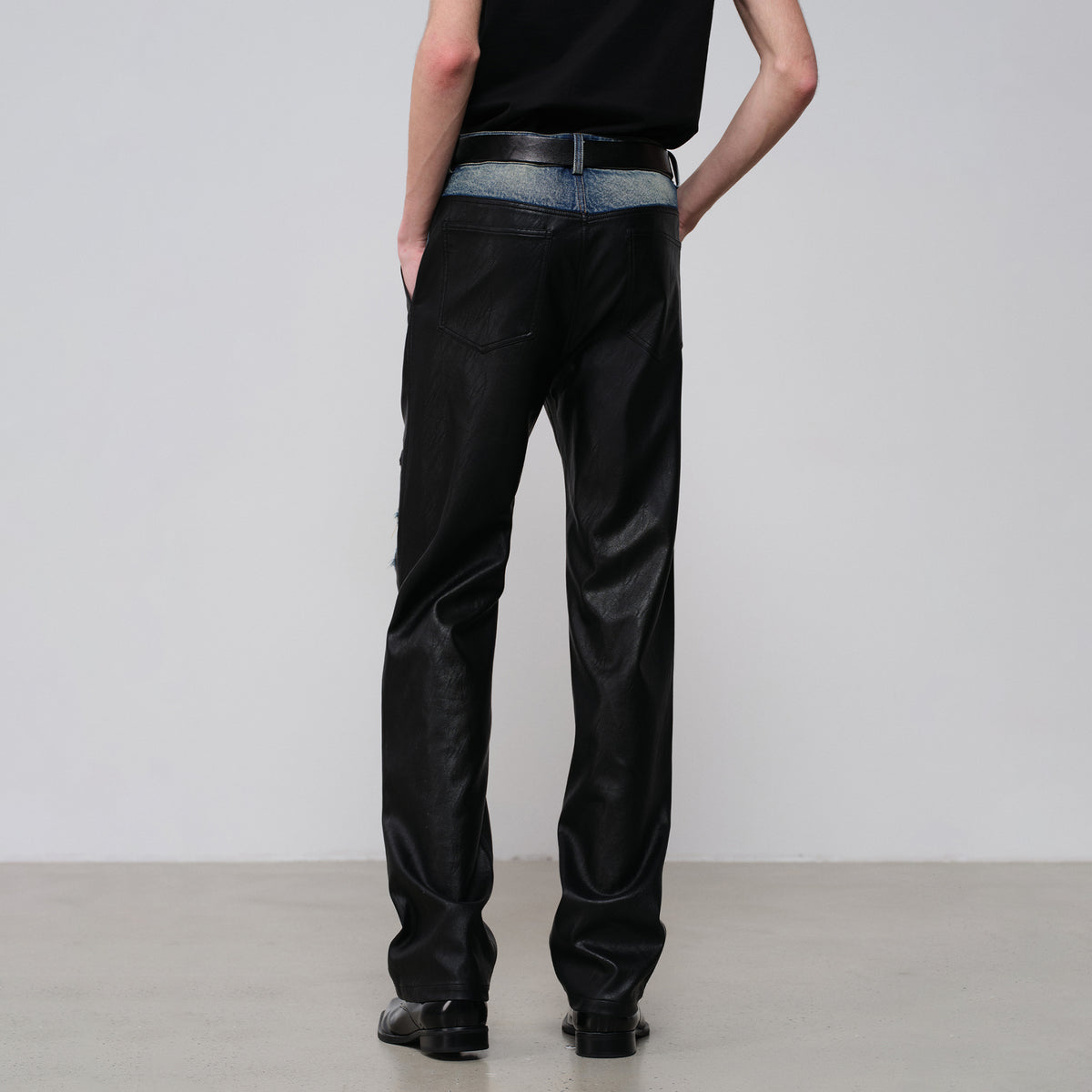 FACEONLAB Faux Leather Spliced Distressed Punk Jeans