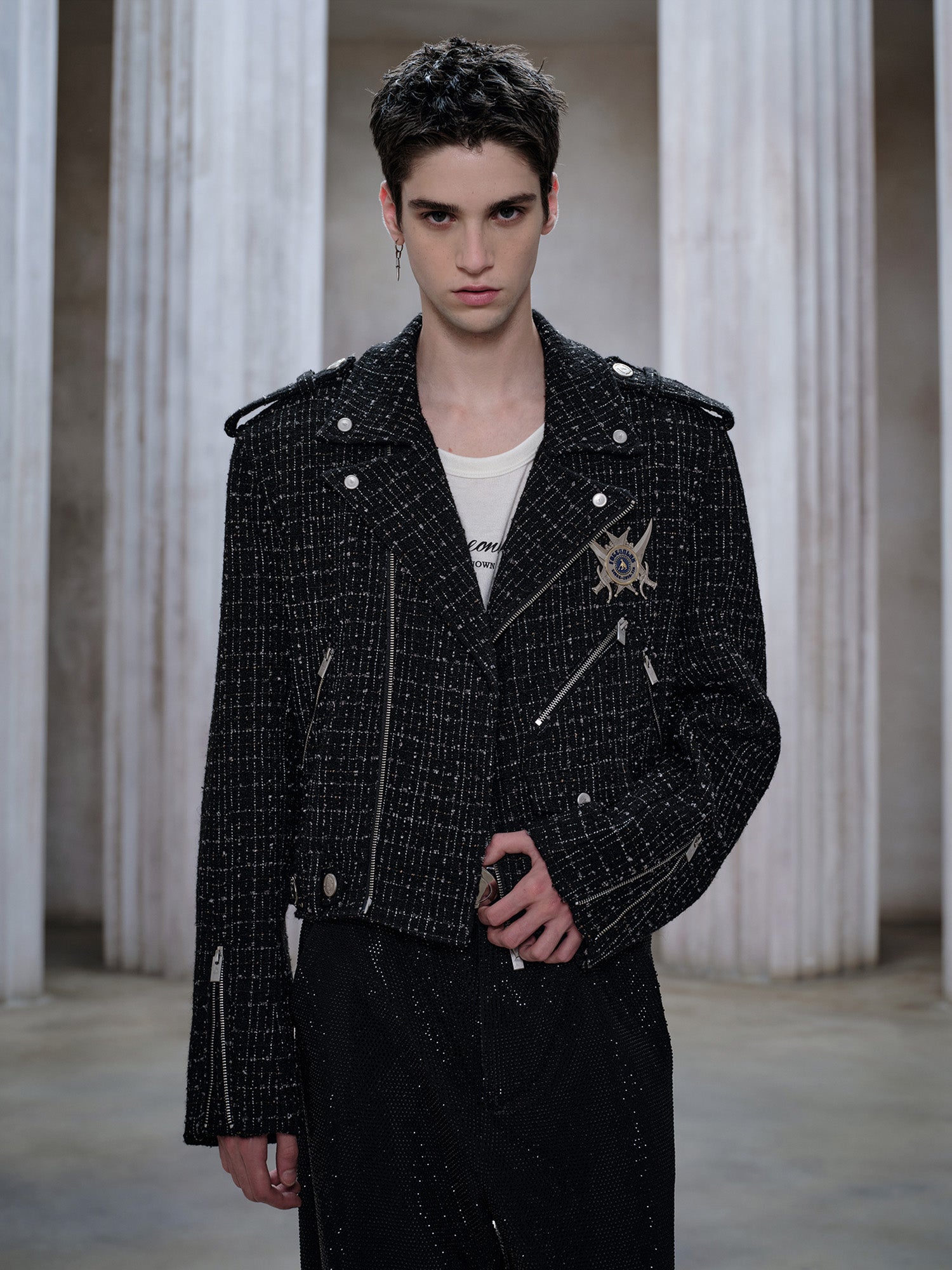 FACEONLAB Metal Badge Multi-Zip Tweed Biker Jacket