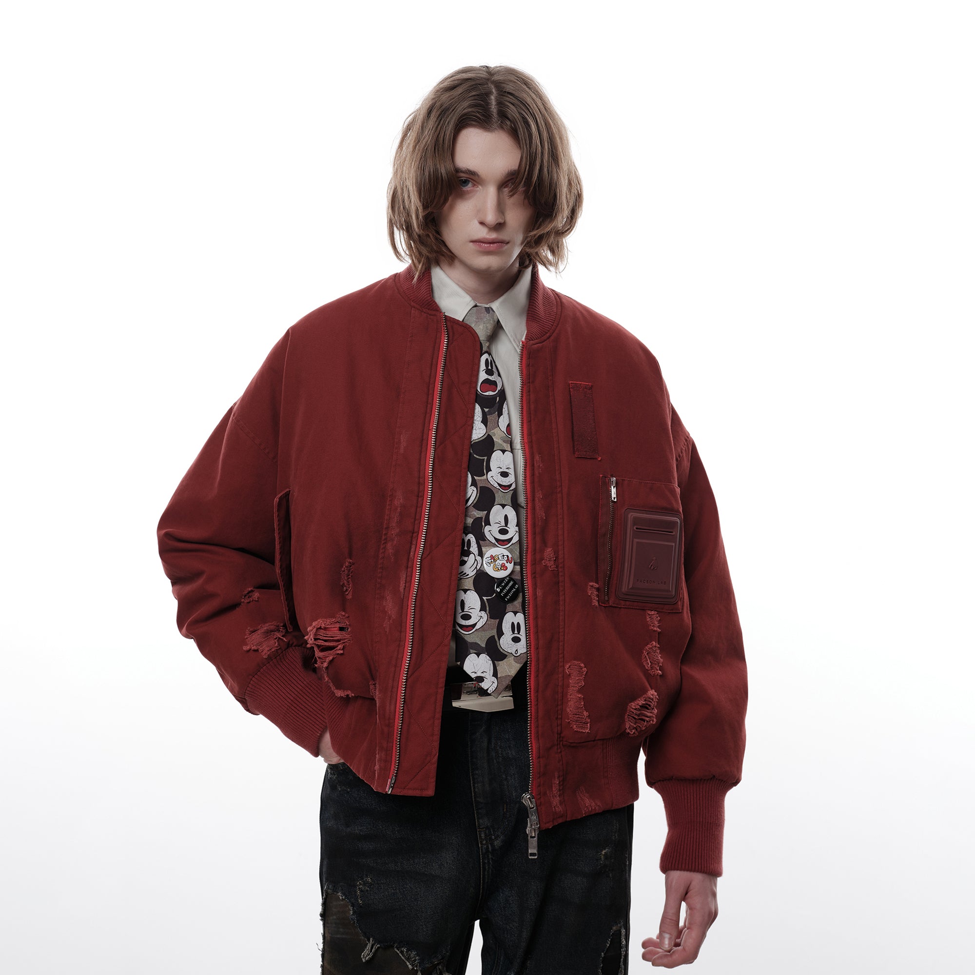 FACEONLAB Distressed Padded Bomber Jacket