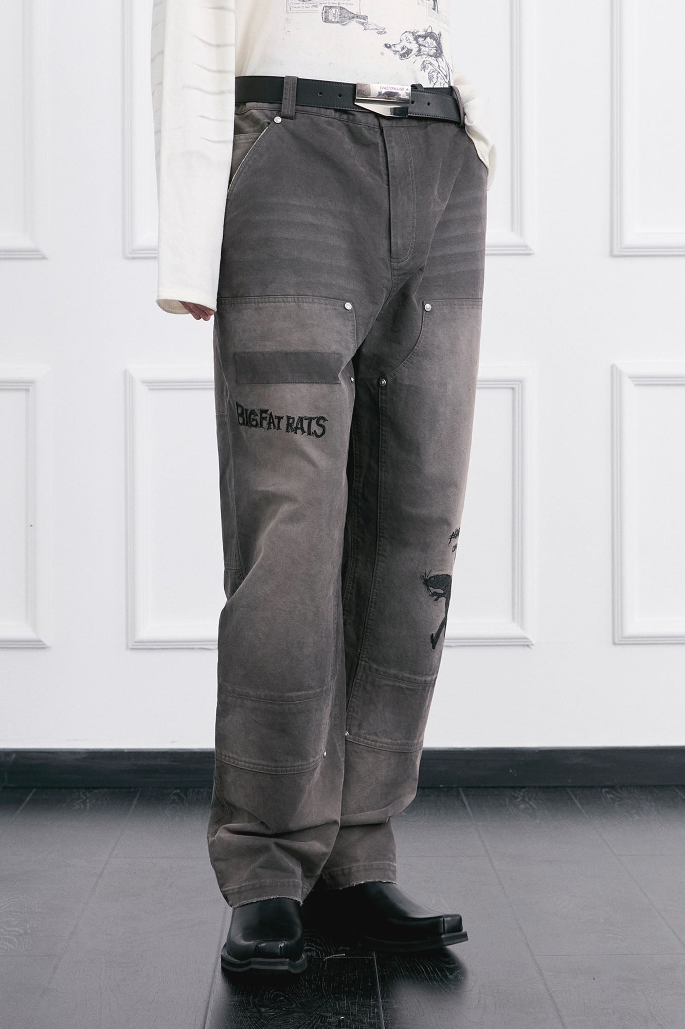 FACEONLAB Distressed Washed Double-Knee Pants
