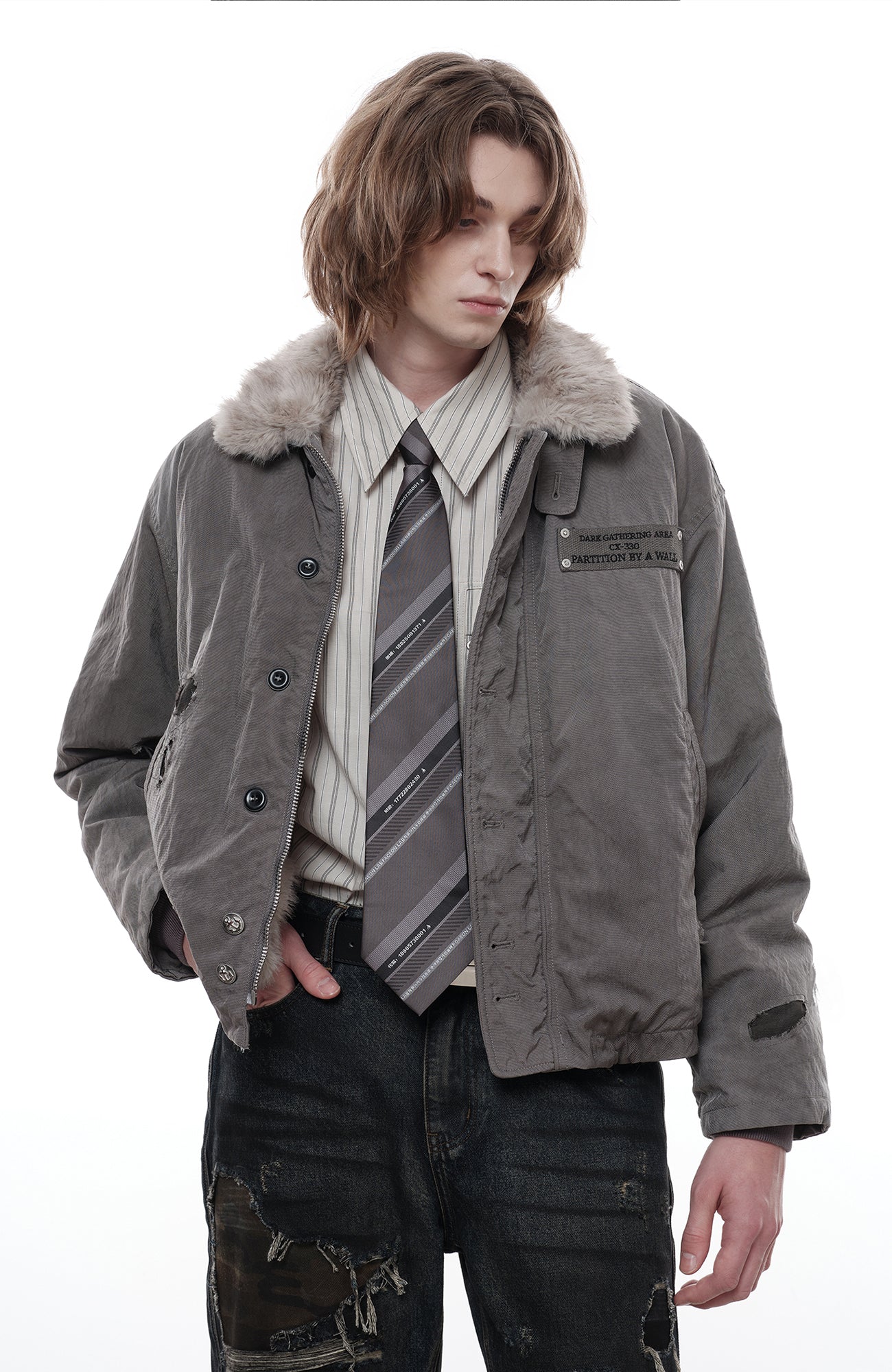 FACEONLAB Reversible Fleece Collar Deck Jacket Gray