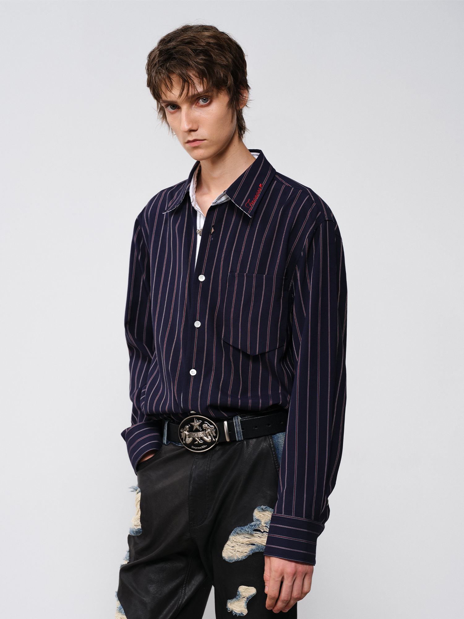FACEONLAB Striped Spliced Embroidered Wide-Collar Shirt