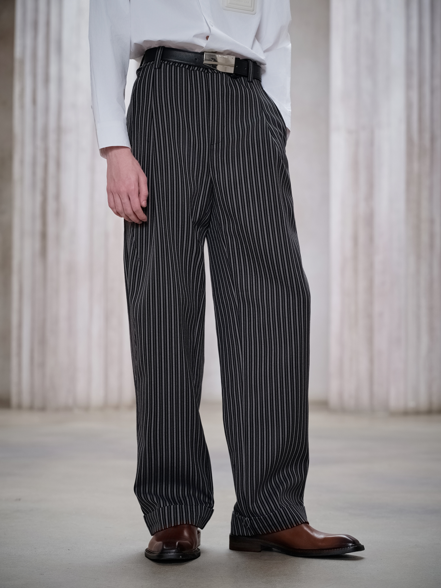 FACEONLAB Classic Striped Wool Pleated Tailored Trousers