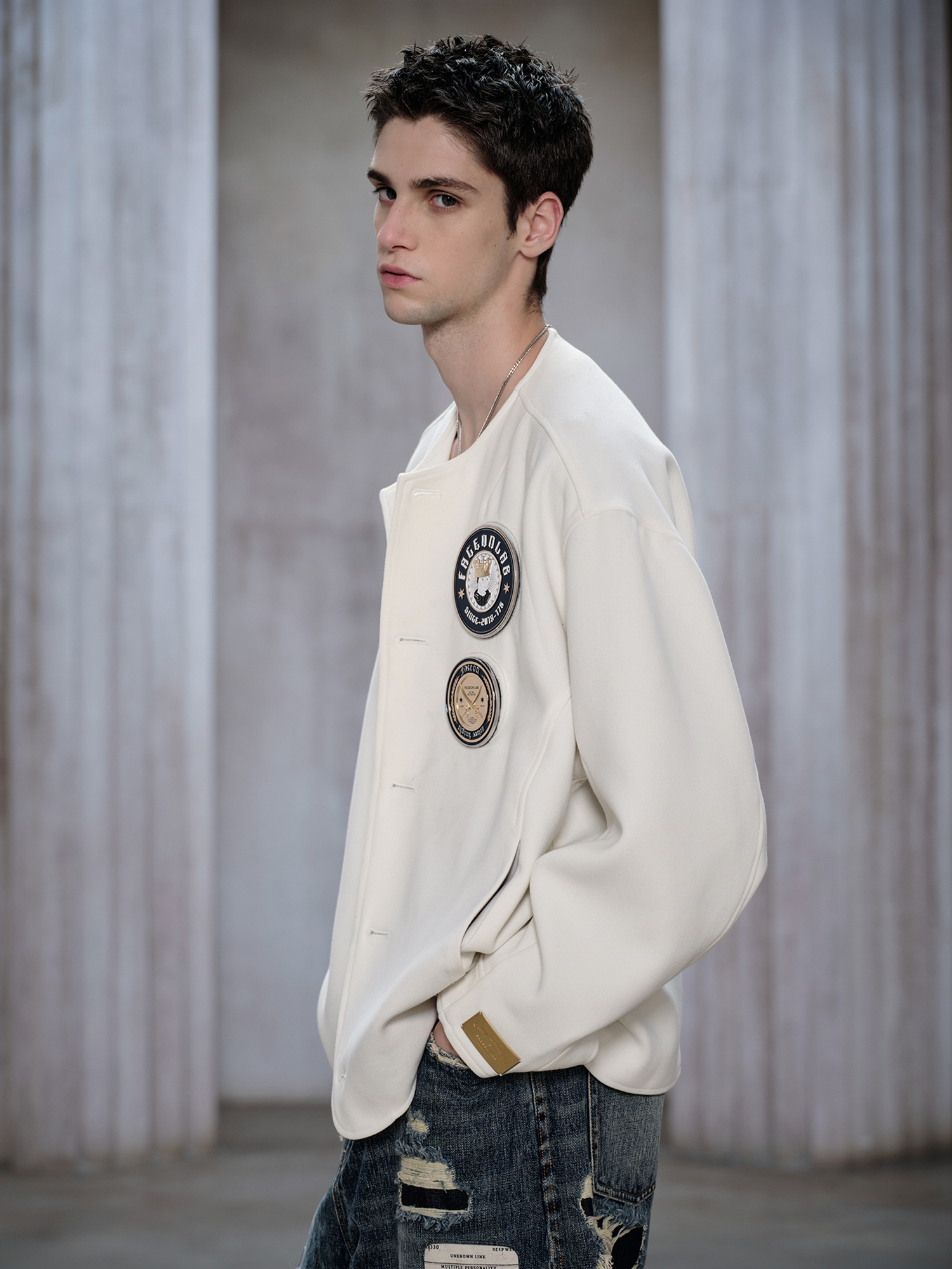 FACEONLAB Badge-Patch Crew-Neck Oversized Jacket