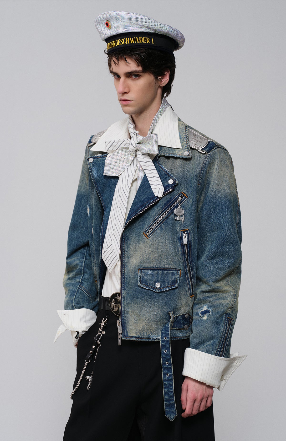 FACEONLAB Metal Epaulette Washed Biker Jacket