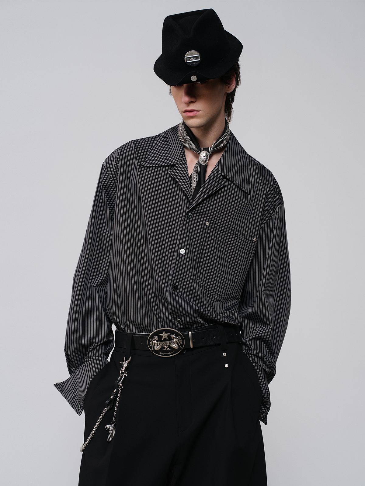 FACEONLAB Striped Cuban Collar Long-Sleeve Shirt