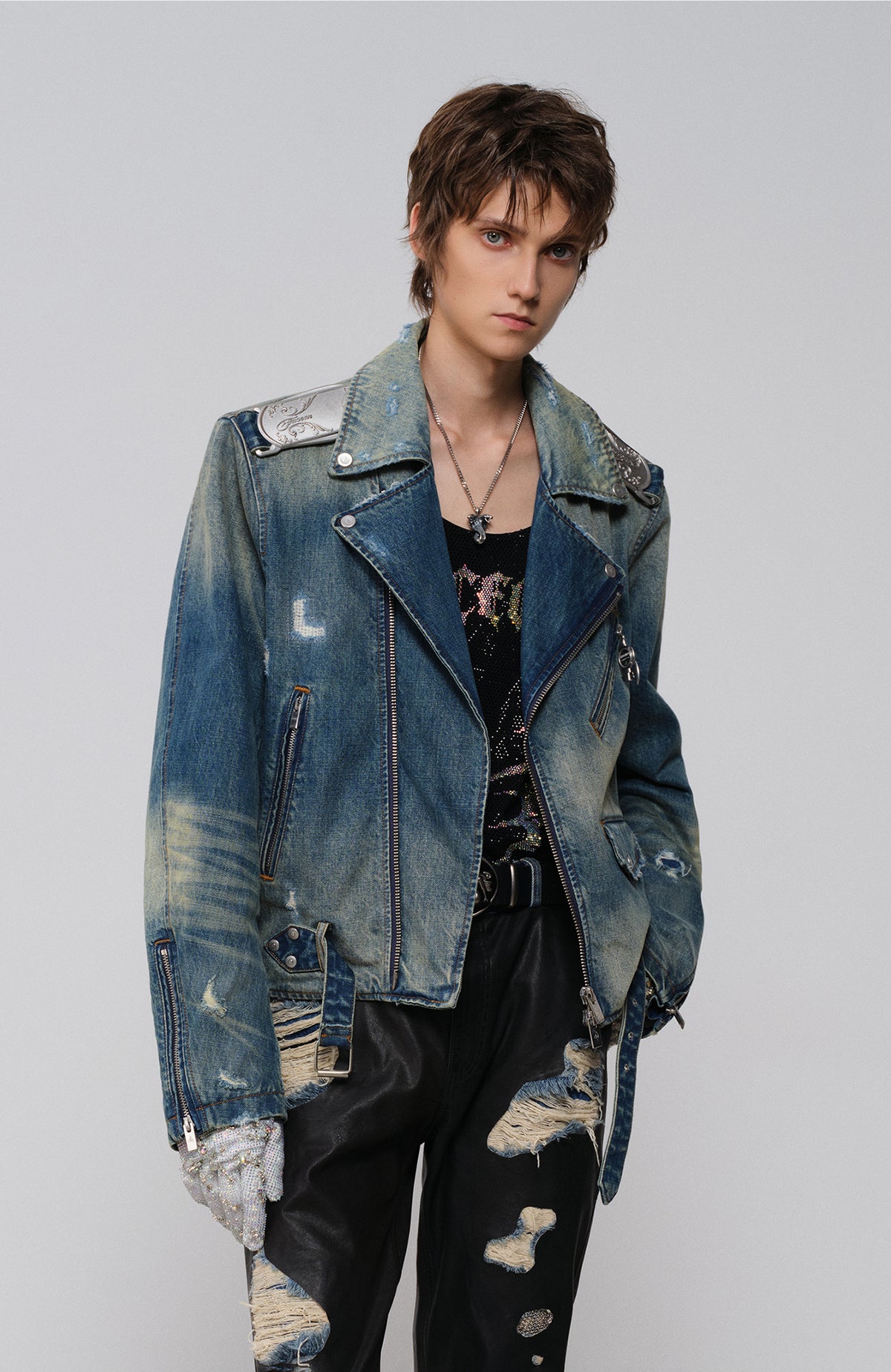 FACEONLAB Metal Epaulette Washed Biker Jacket