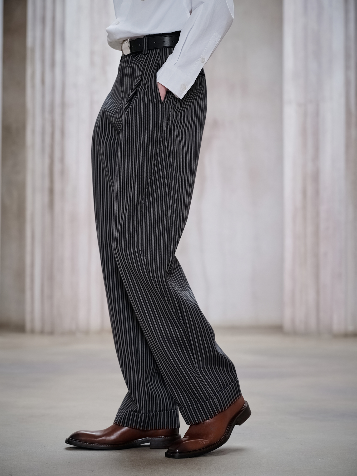 FACEONLAB Classic Striped Wool Pleated Tailored Trousers