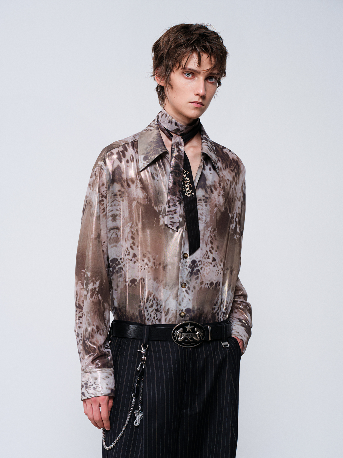 FACEONLAB Leopard Satin Oversized Shirt