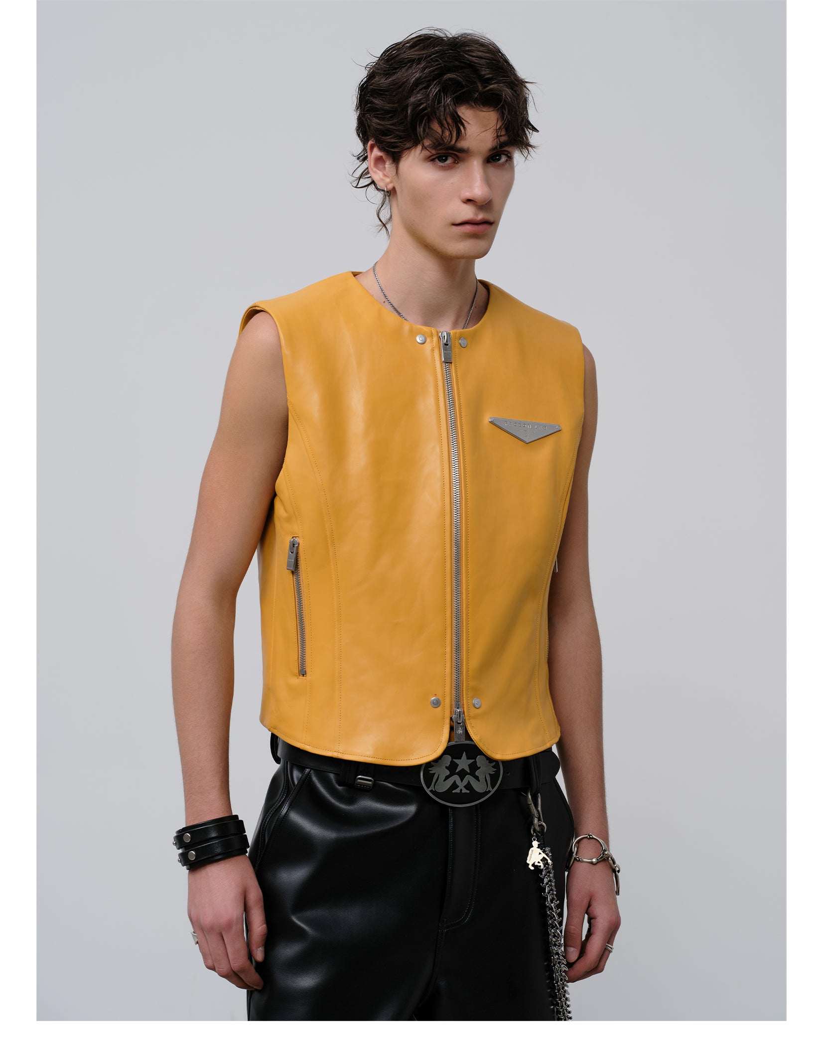 FACEONLAB Reversible Moto Leather Vest Orange, premium urban and streetwear designers apparel on PROJECTISR.com, FACEONLAB