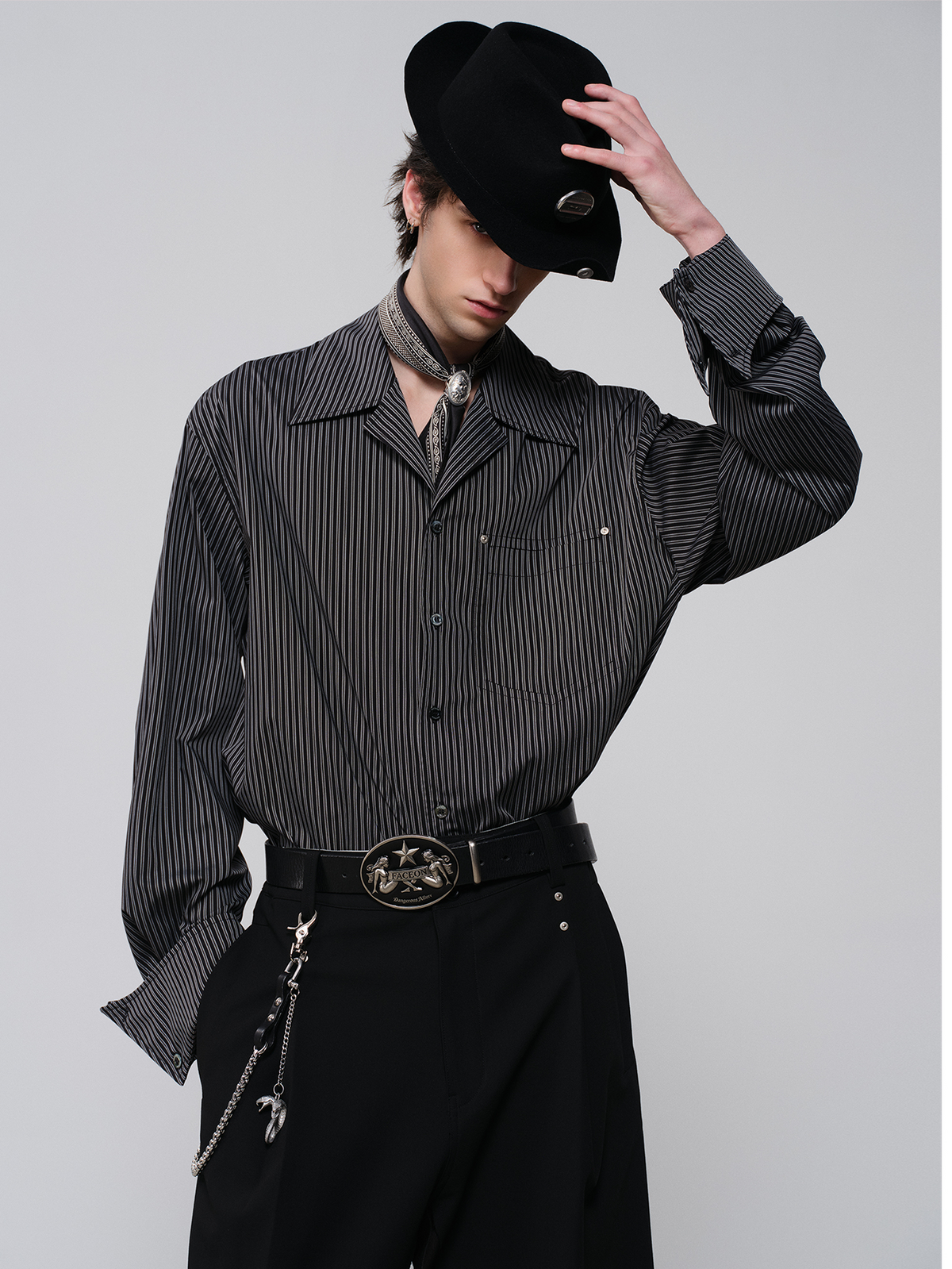 FACEONLAB Striped Cuban Collar Long-Sleeve Shirt