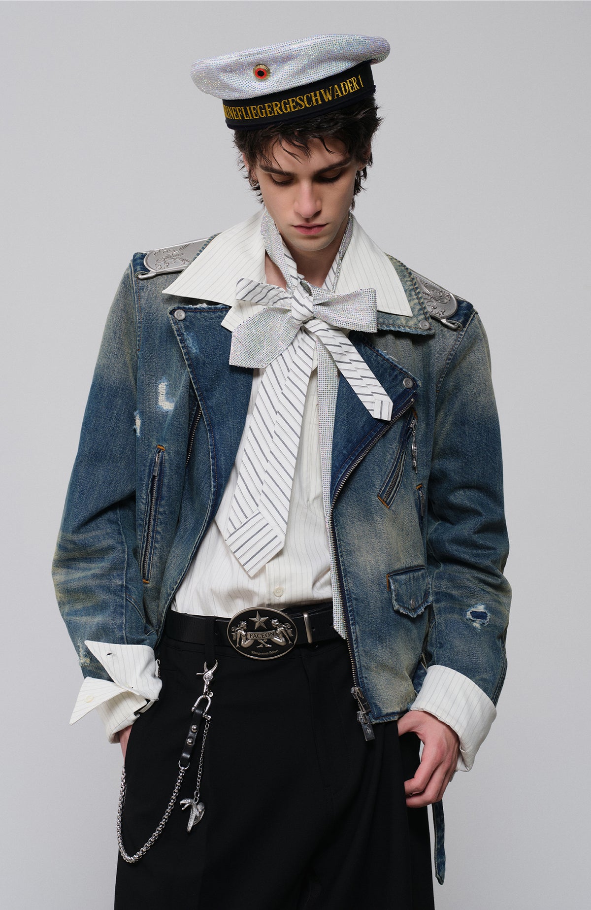 FACEONLAB Metal Epaulette Washed Biker Jacket
