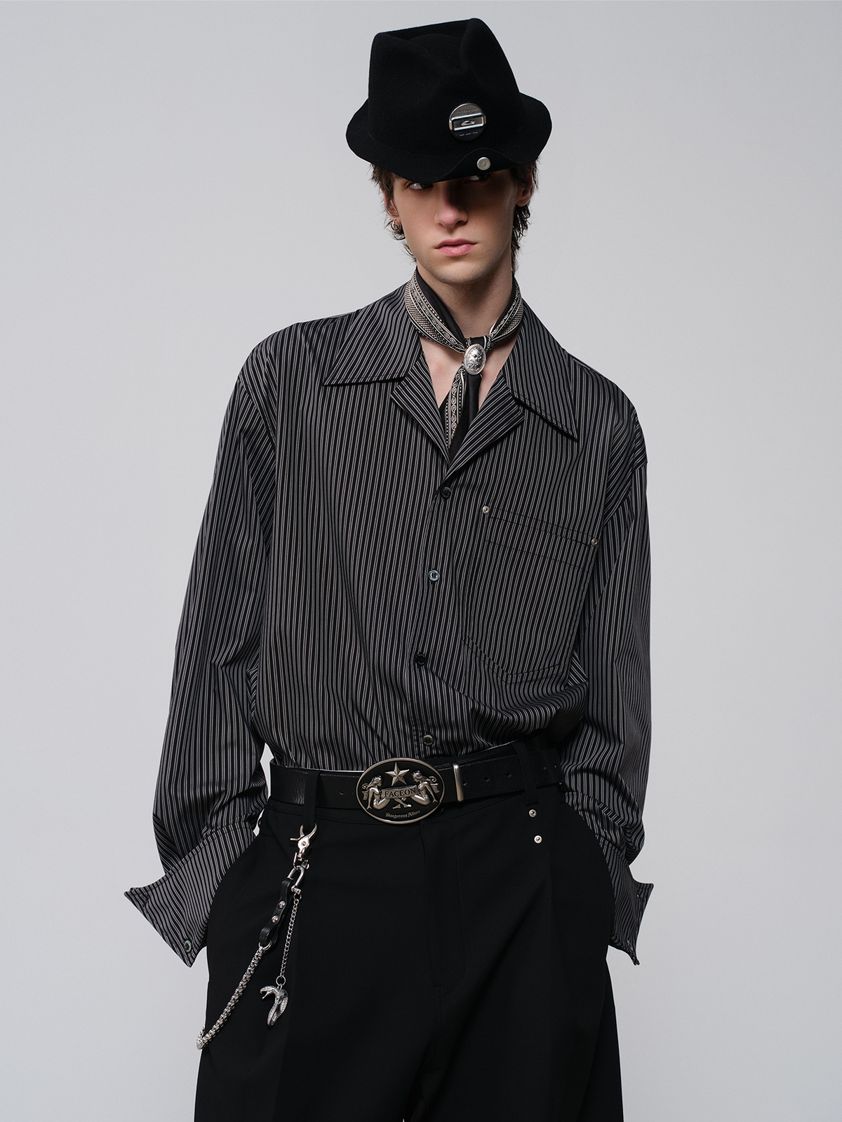 FACEONLAB Striped Cuban Collar Long-Sleeve Shirt