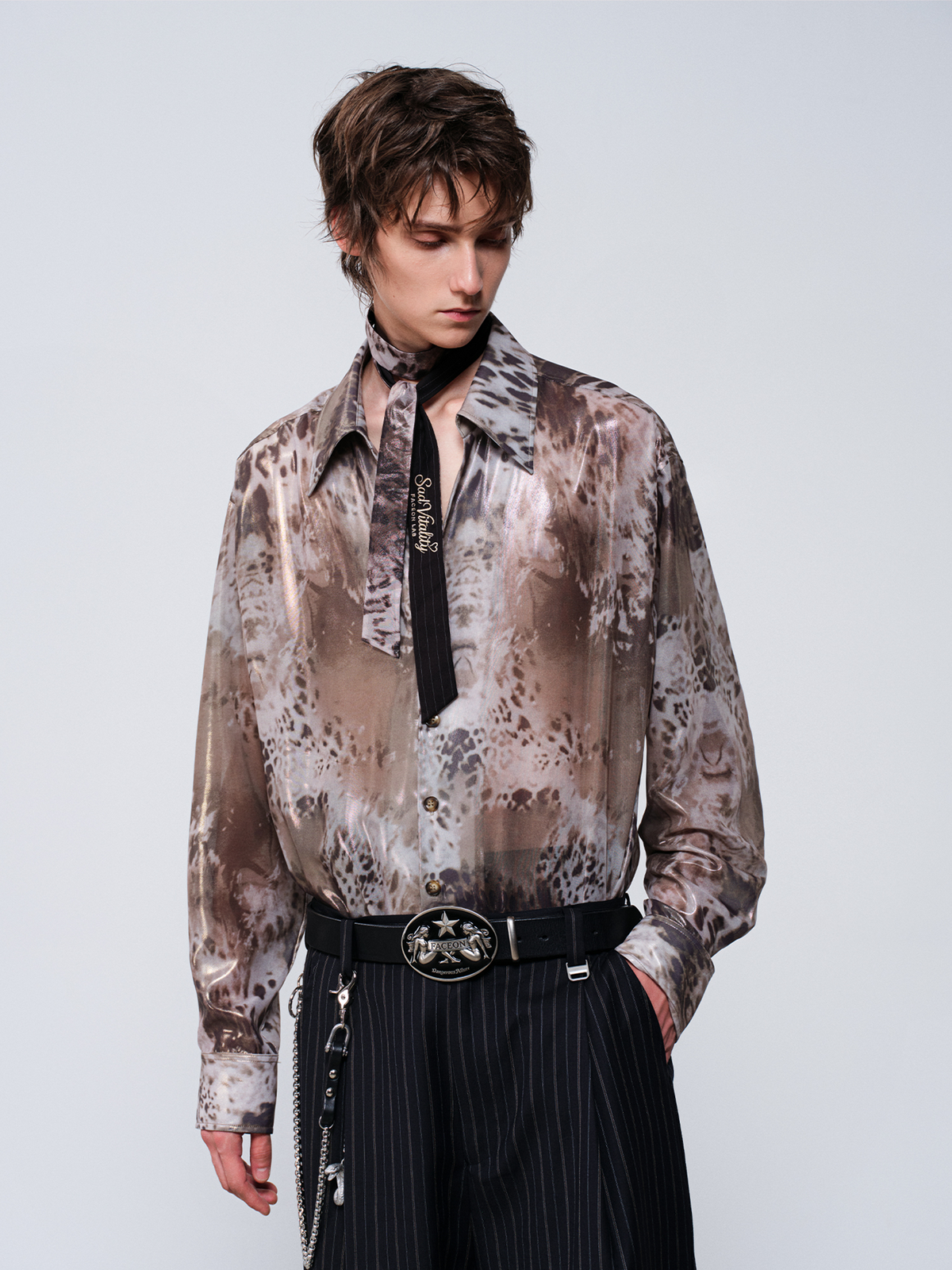FACEONLAB Leopard Satin Oversized Shirt