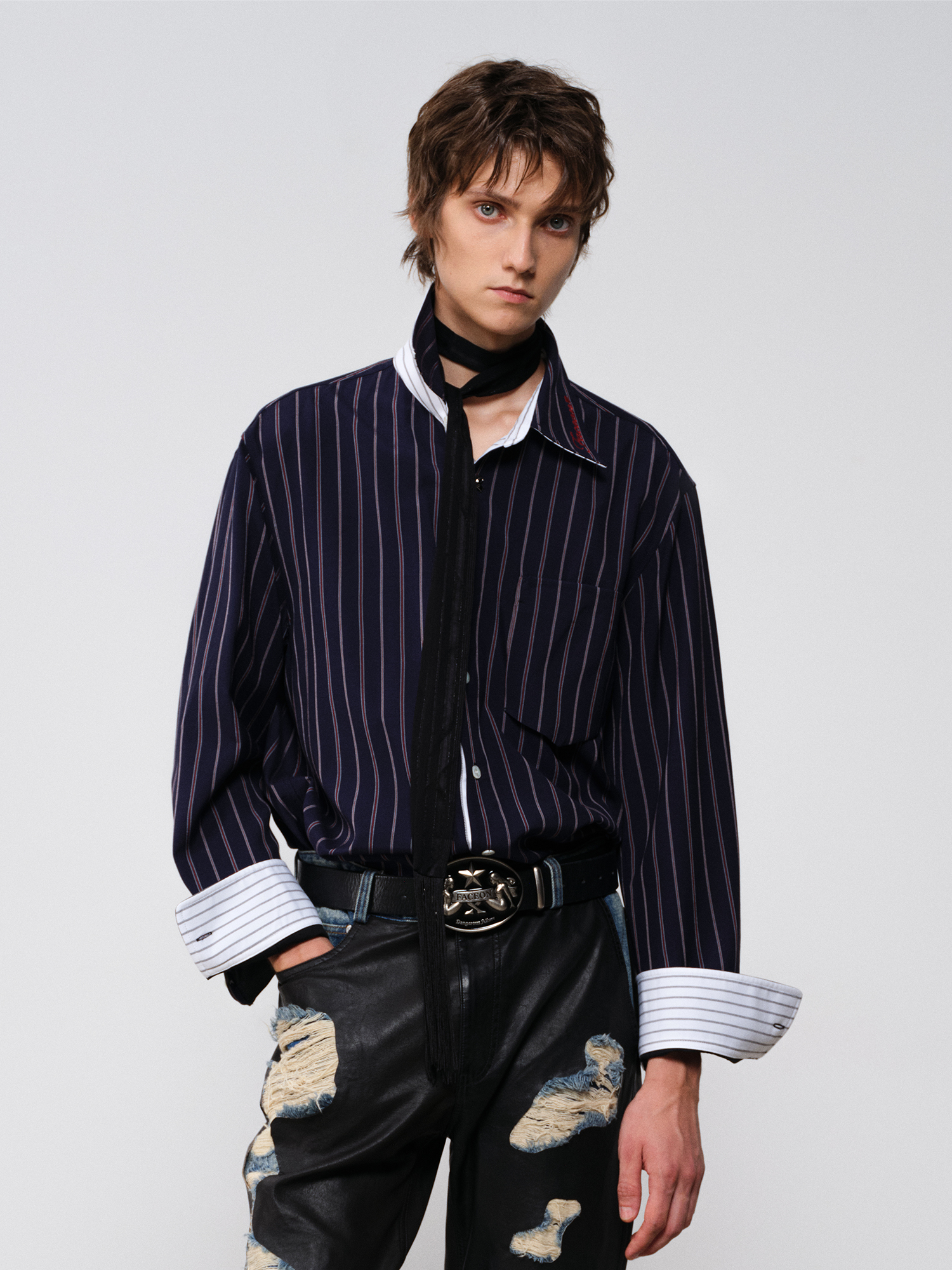 FACEONLAB Striped Spliced Embroidered Wide-Collar Shirt