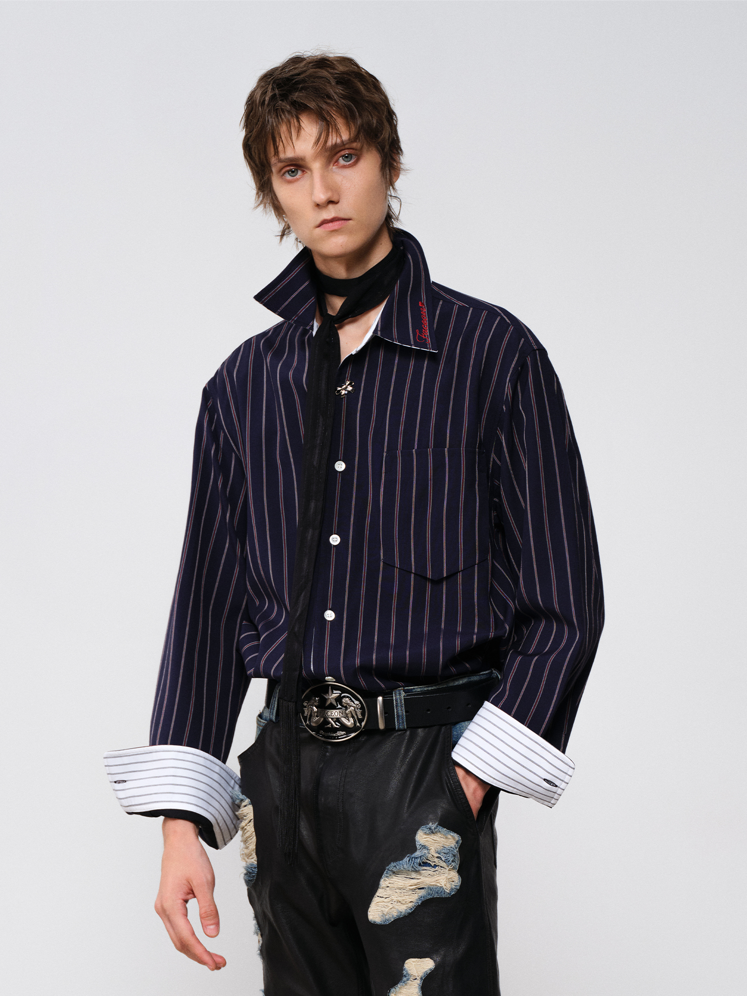 FACEONLAB Striped Spliced Embroidered Wide-Collar Shirt