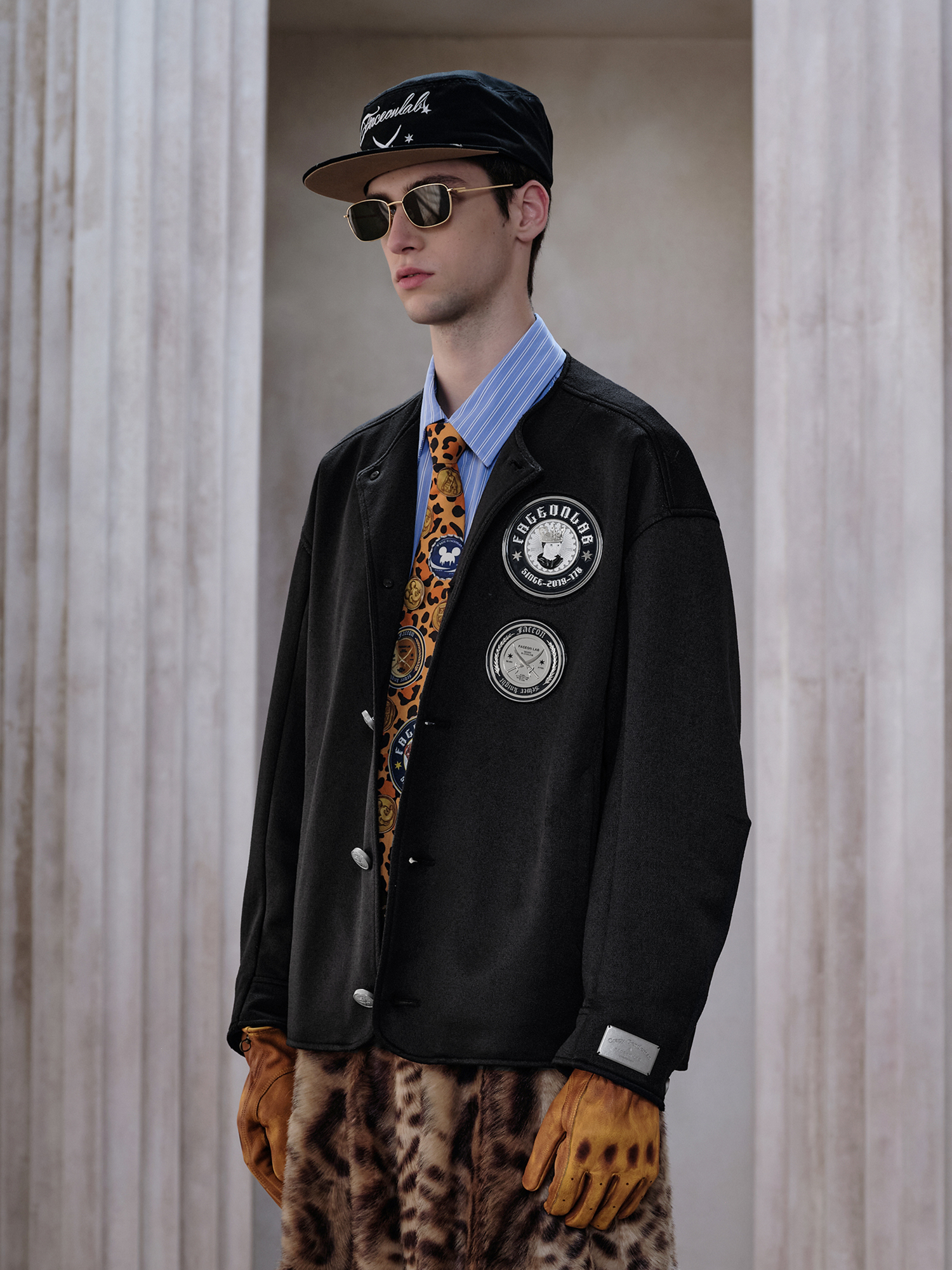FACEONLAB Badge-Patch Crew-Neck Oversized Jacket