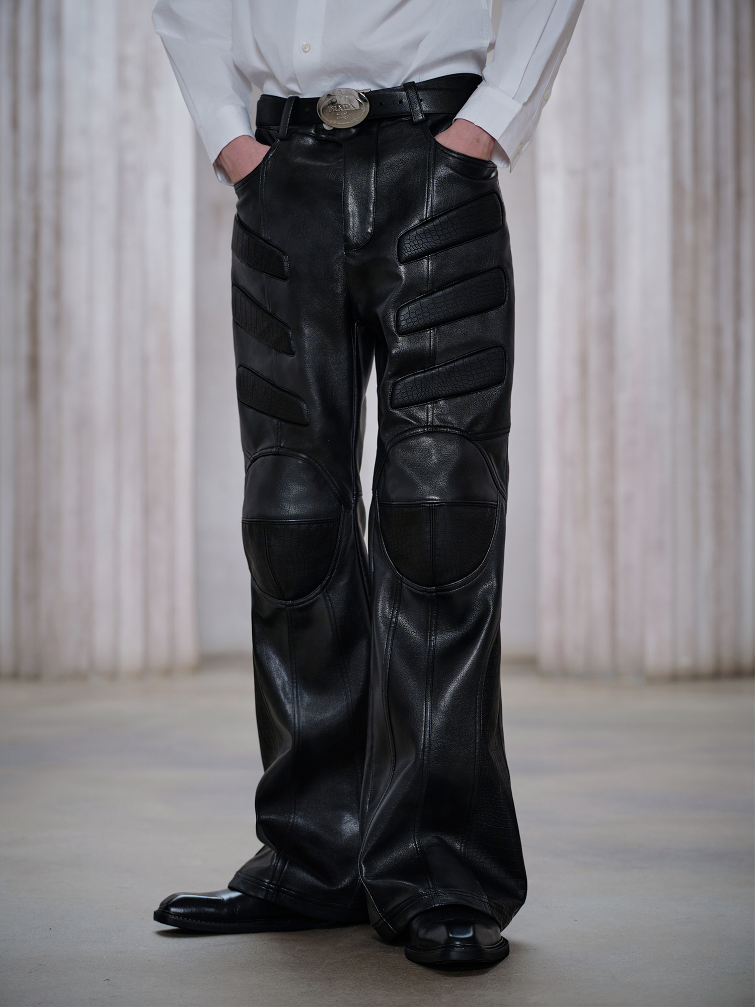 FACEONLAB Panel Armored Faux Leather Biker Pants Black, premium urban and streetwear designers apparel on PROJECTISR.com, FACEONLAB