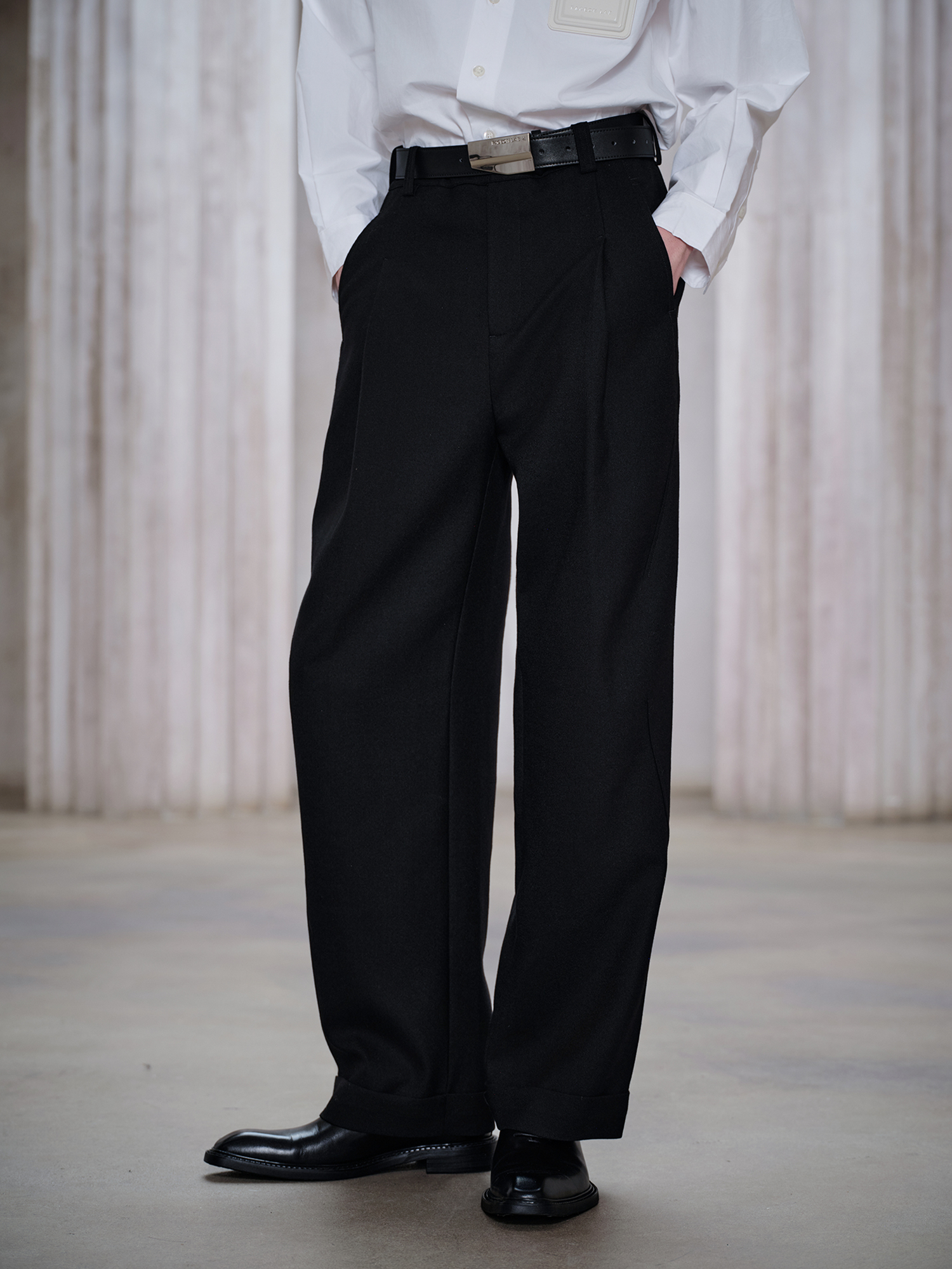 FACEONLAB Classic Wool Pleated Tailored Trousers Black