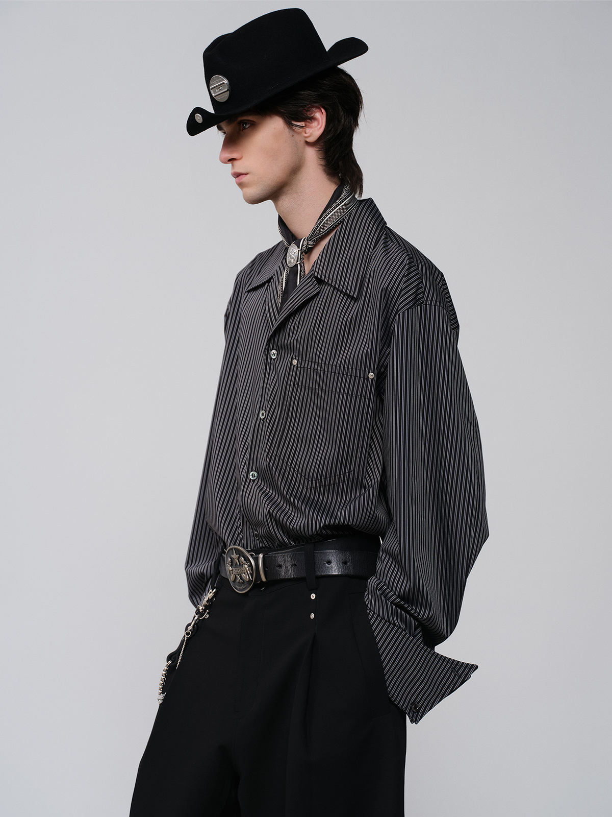 FACEONLAB Striped Cuban Collar Long-Sleeve Shirt