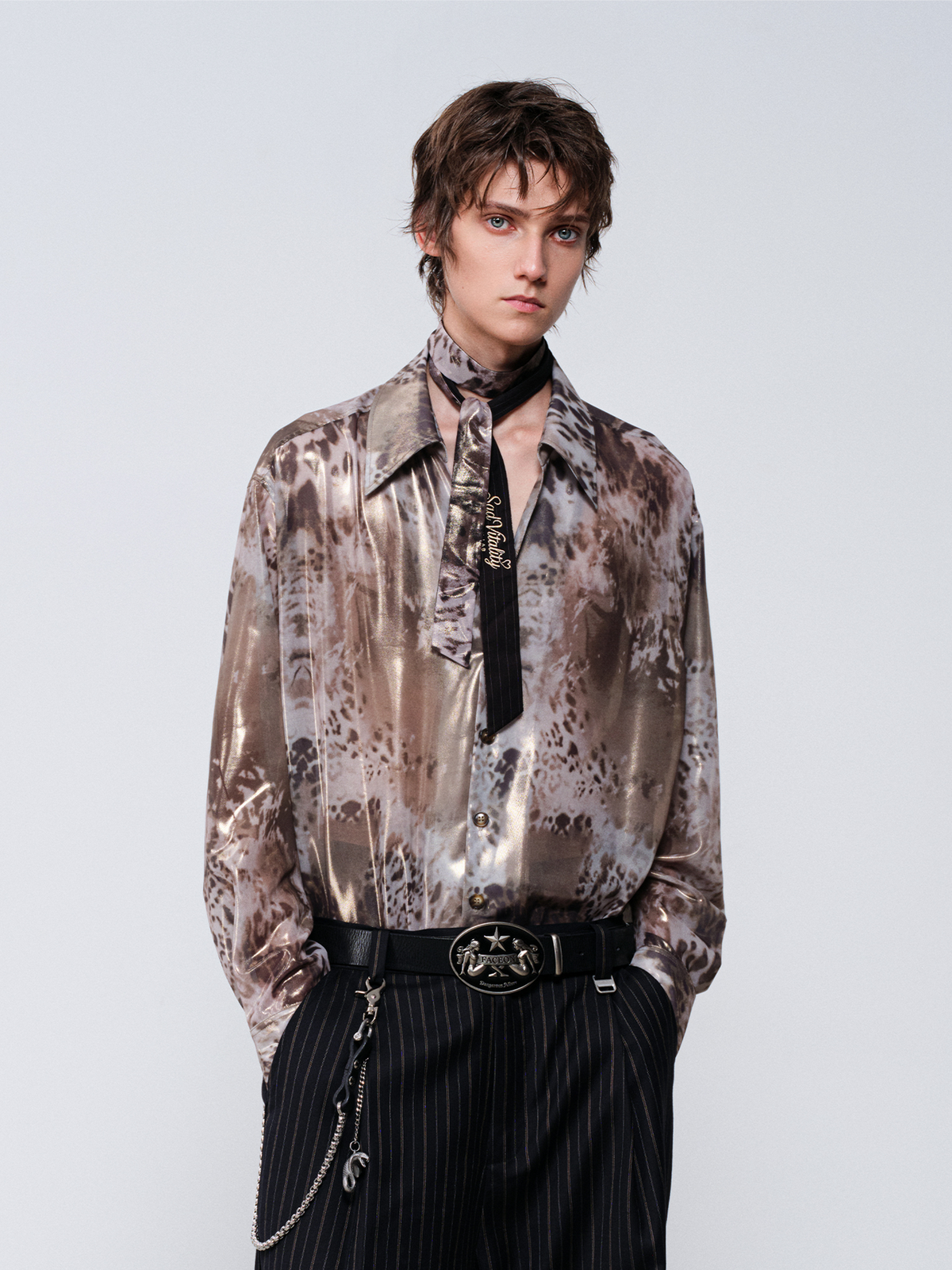 FACEONLAB Leopard Satin Oversized Shirt