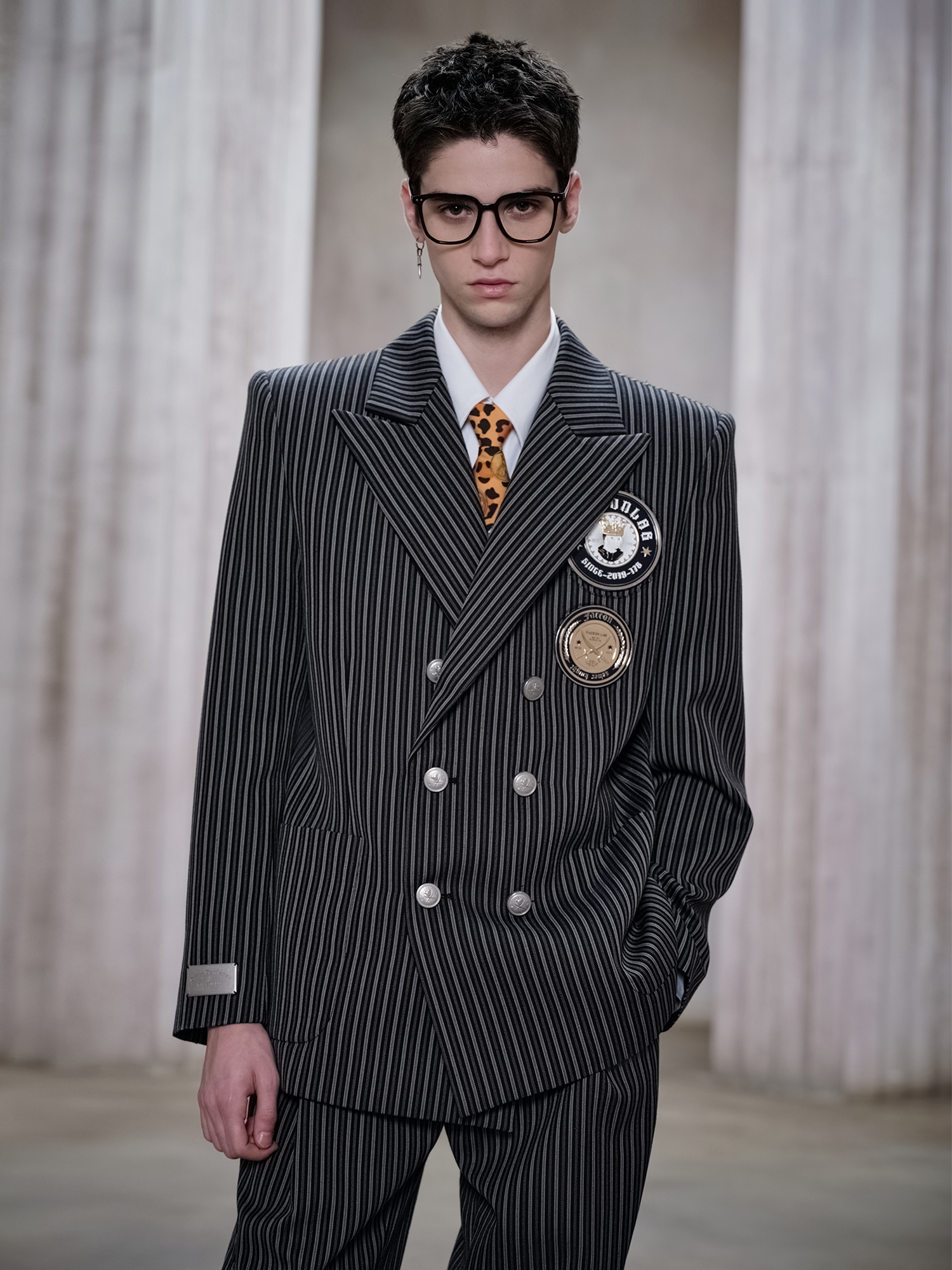 FACEONLAB Stripe Badge-Patch Double-Breasted Jacket