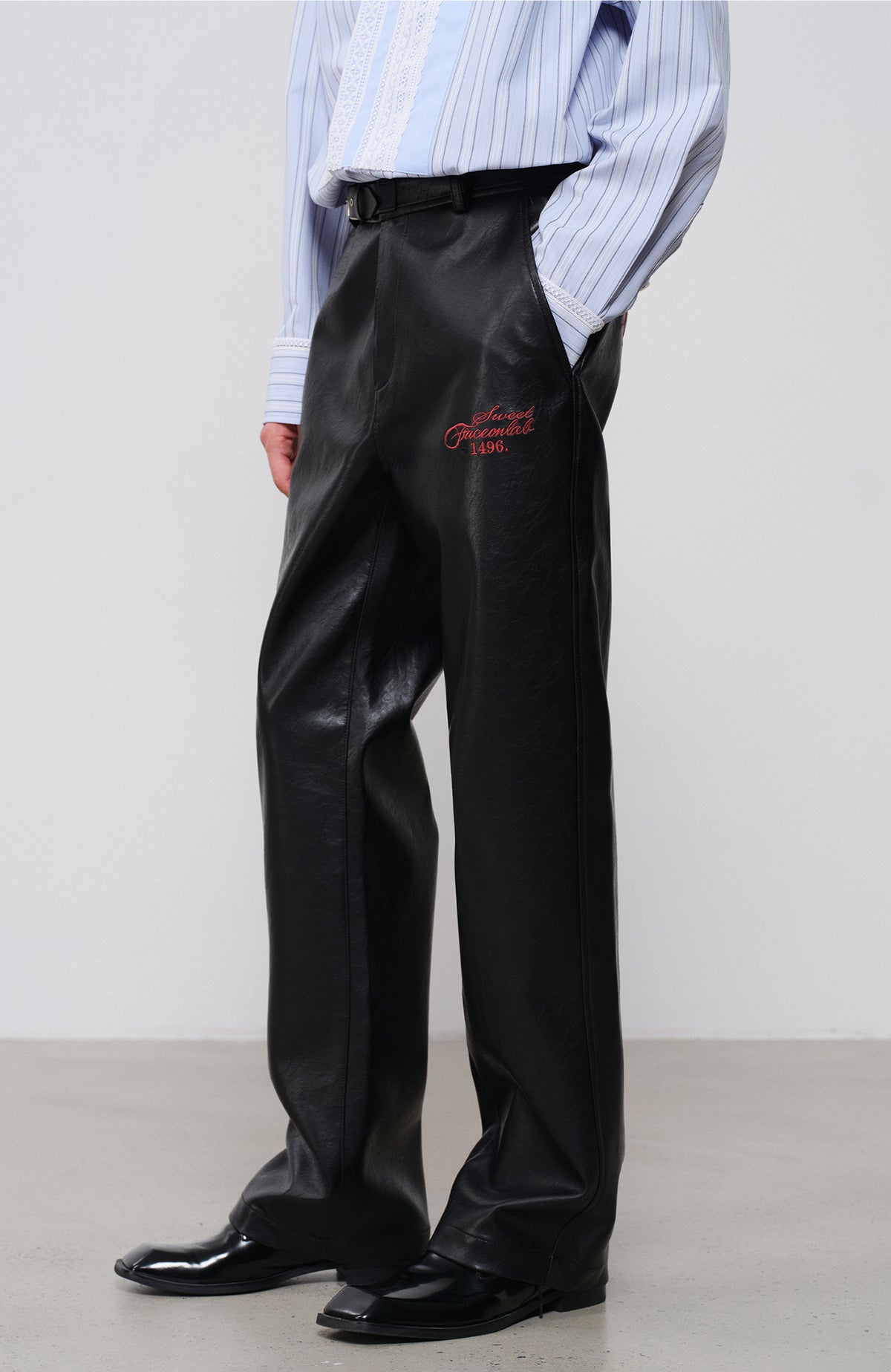 FACEONLAB Embroidered Straight-Leg Faux Leather Pants