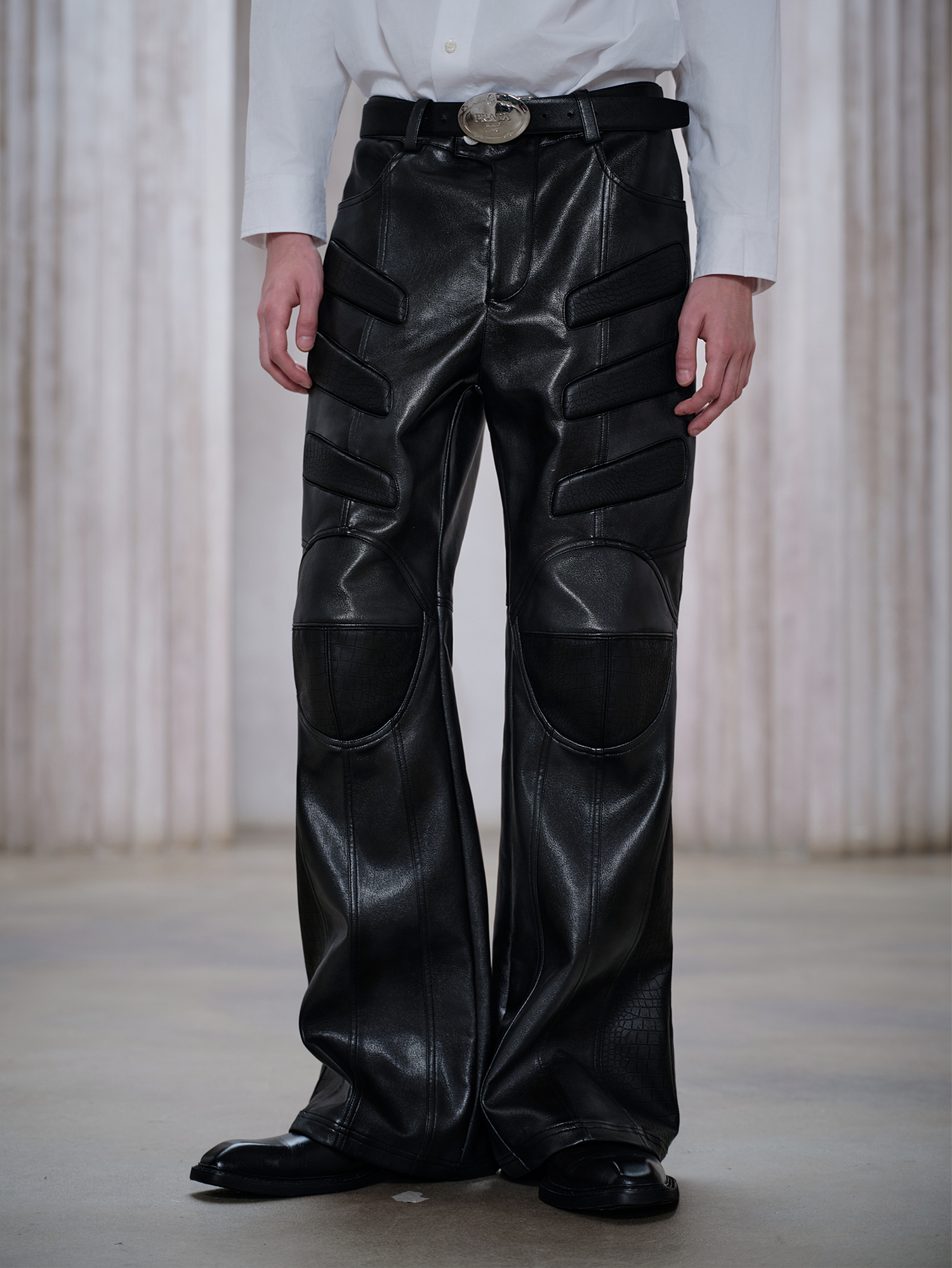 FACEONLAB Panel Armored Faux Leather Biker Pants Black, premium urban and streetwear designers apparel on PROJECTISR.com, FACEONLAB