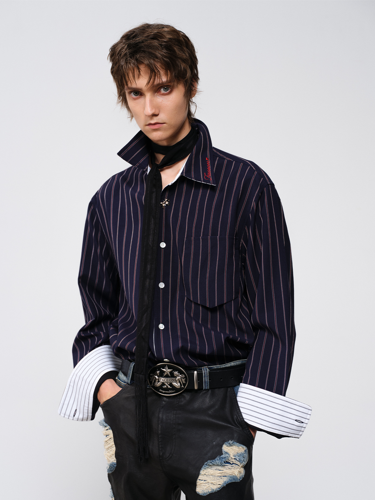 FACEONLAB Striped Spliced Embroidered Wide-Collar Shirt