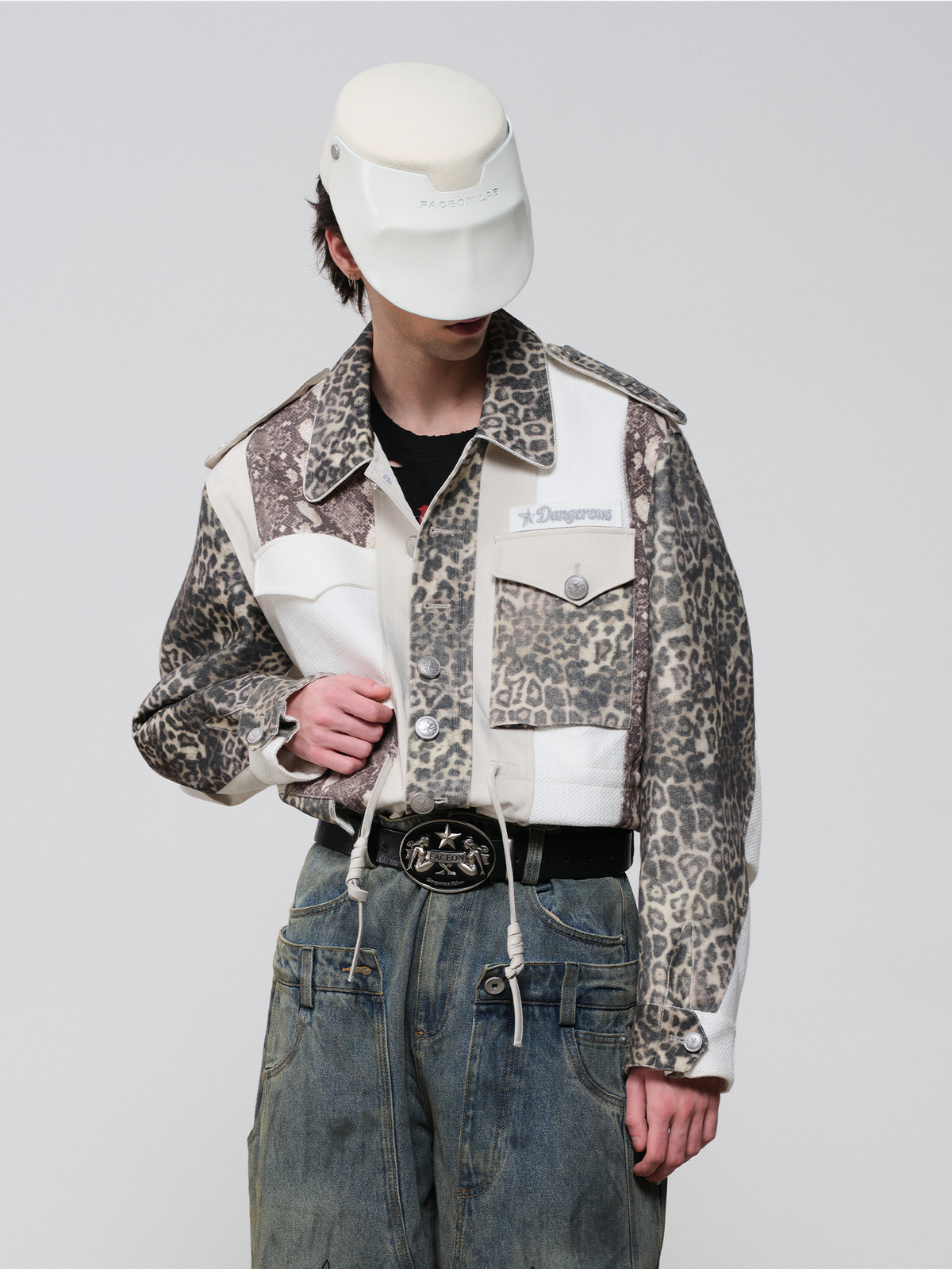 FACEONLAB Camo Spliced Leopard Lapel Jacket White