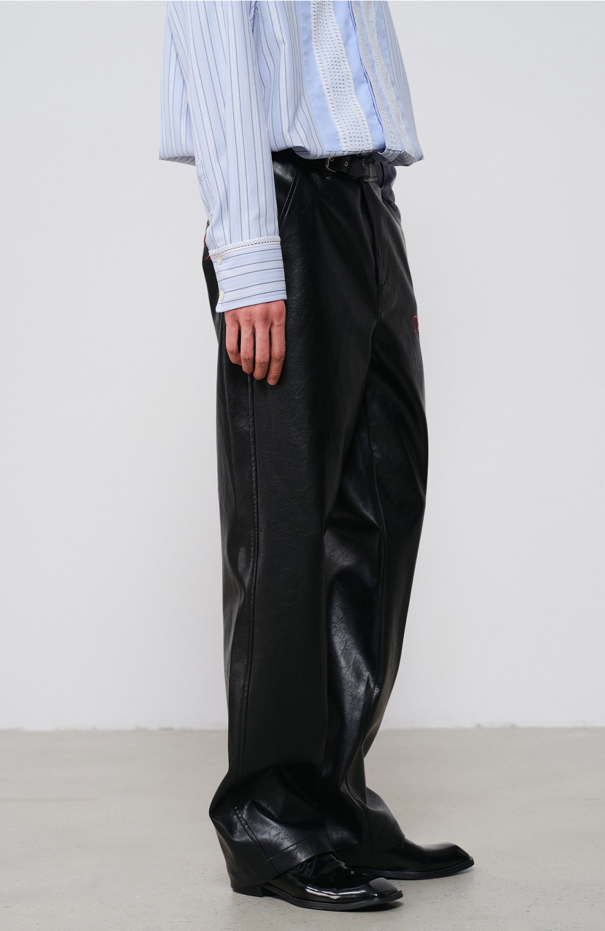 FACEONLAB Embroidered Straight-Leg Faux Leather Pants