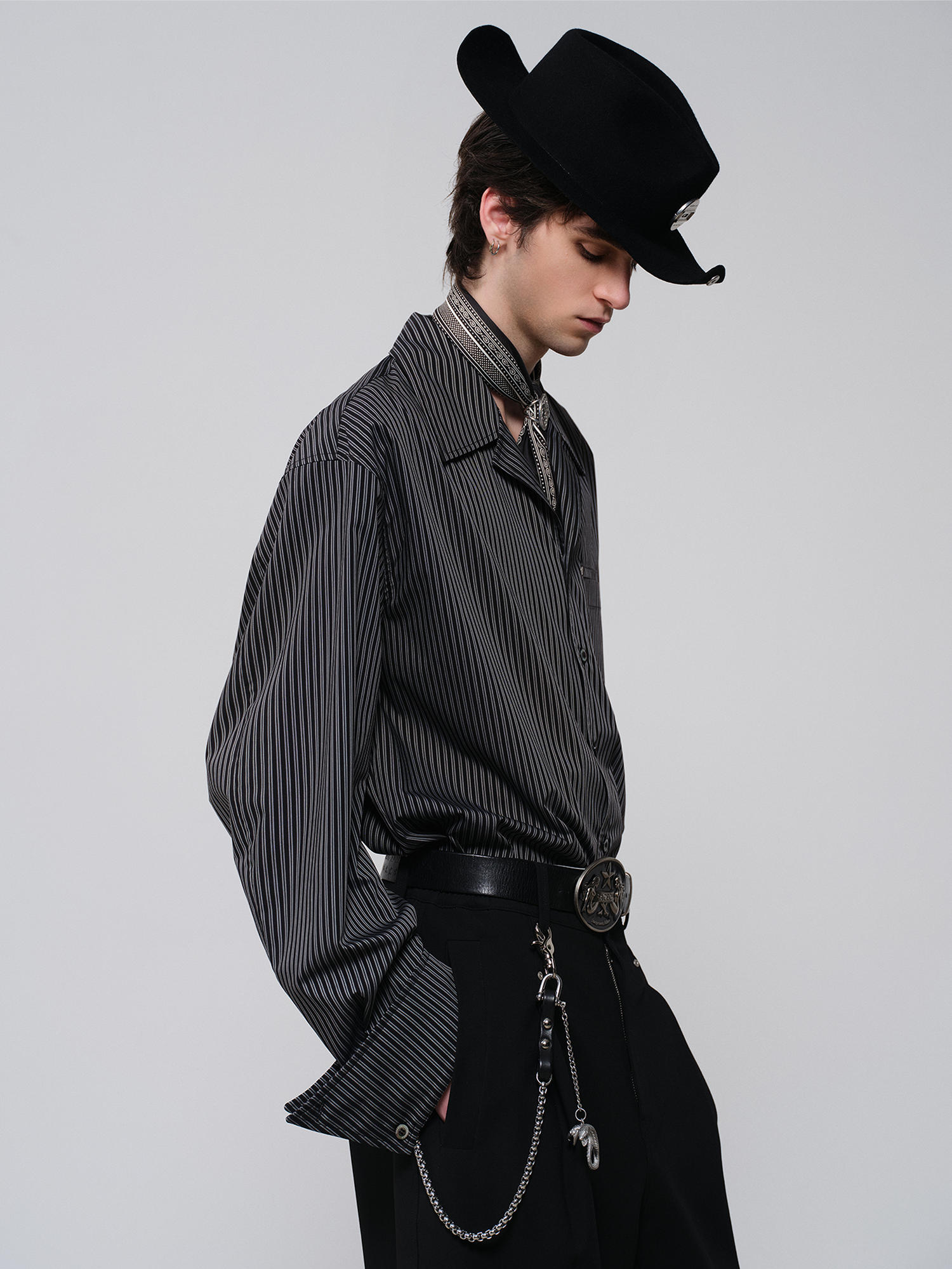 FACEONLAB Striped Cuban Collar Long-Sleeve Shirt