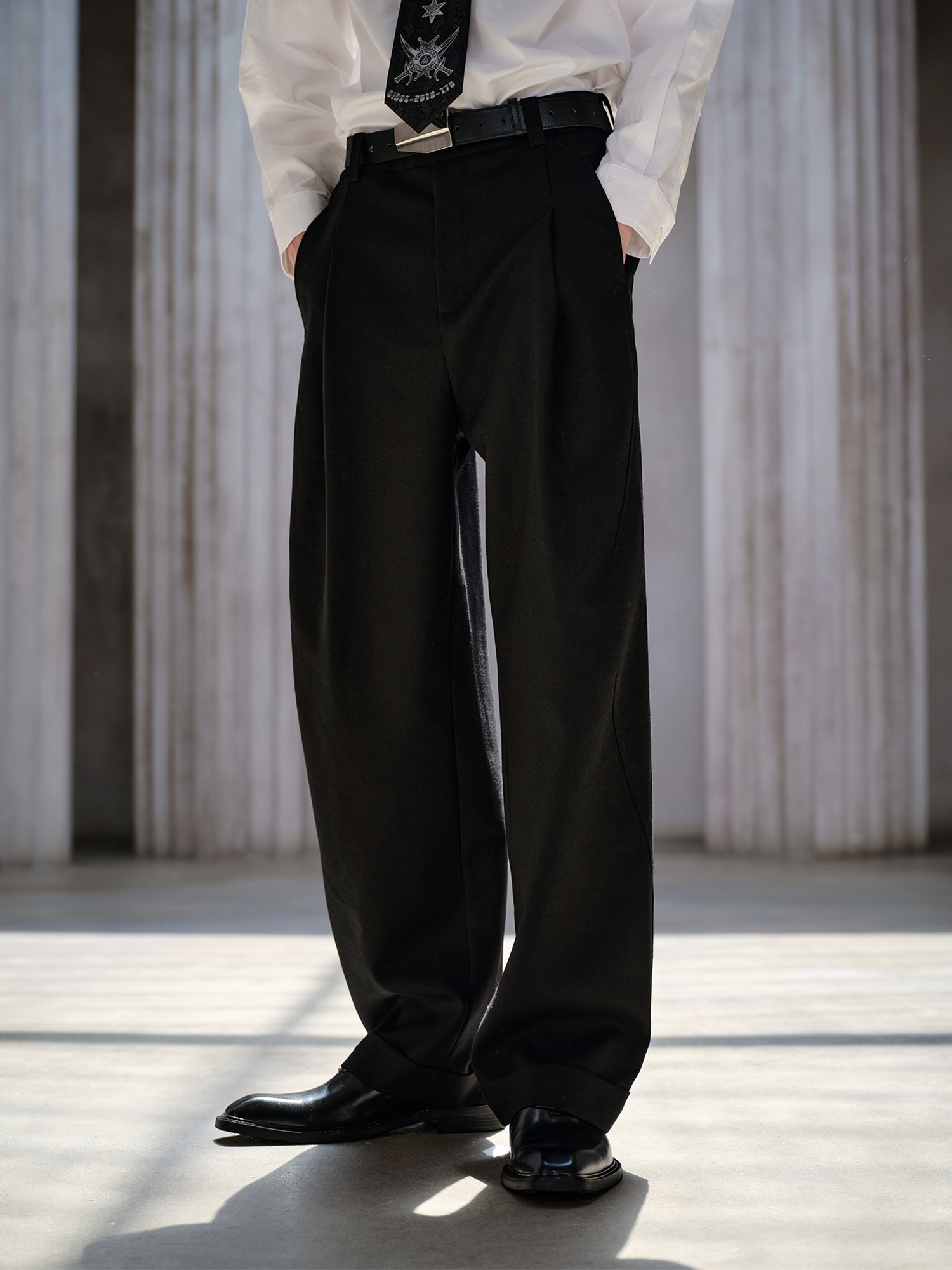 FACEONLAB Classic Wool Pleated Tailored Trousers Black
