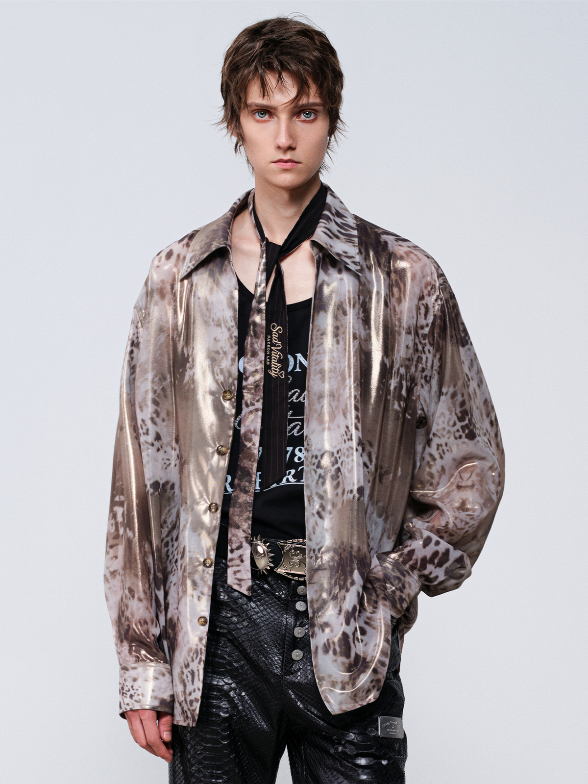 FACEONLAB Leopard Satin Oversized Shirt