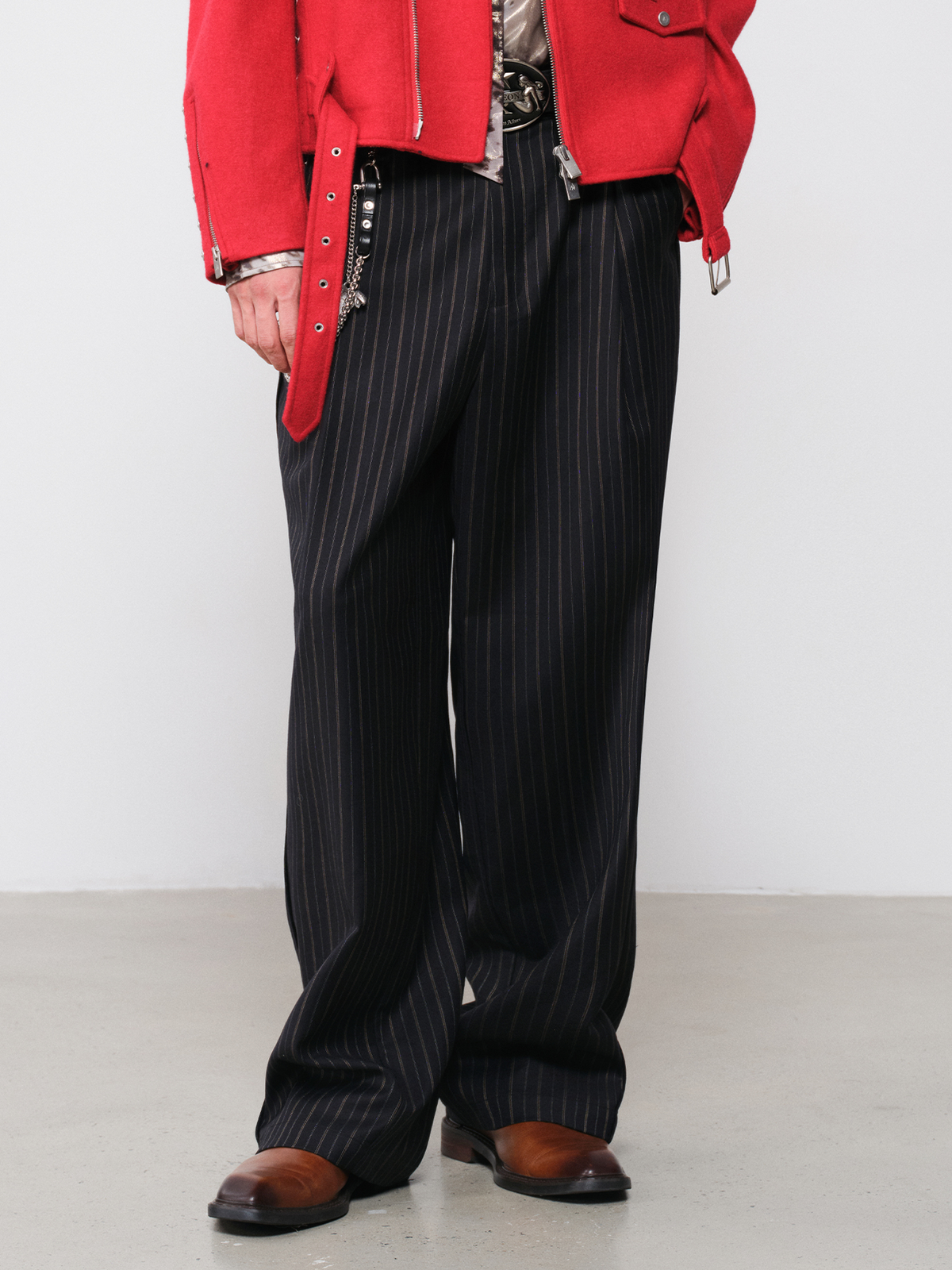FACEONLAB Striped Wool-Blend Wide-Leg Trousers