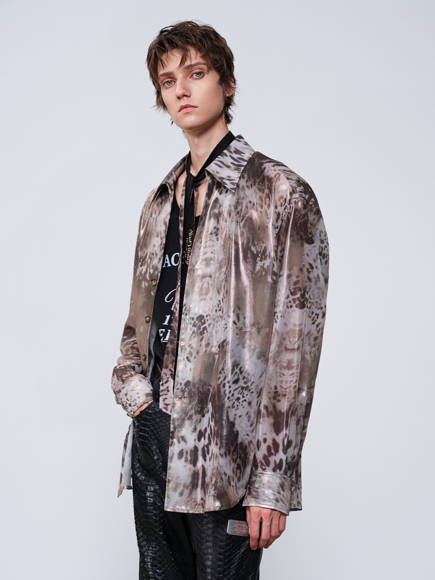 FACEONLAB Leopard Satin Oversized Shirt