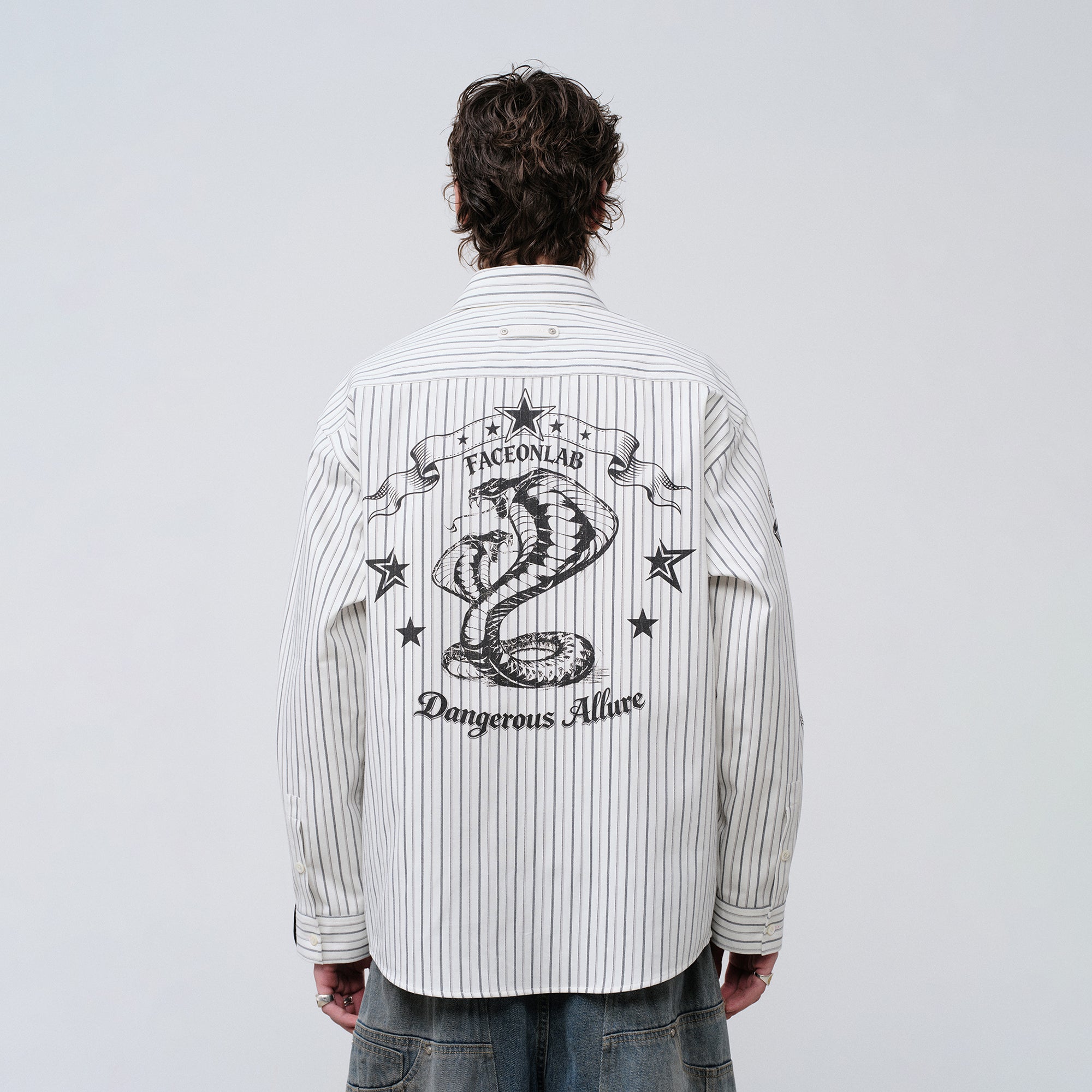 FACEONLAB Stripe Animal Graphic Relaxed Shirt White, premium urban and streetwear designers apparel on PROJECTISR.com, FACEONLAB