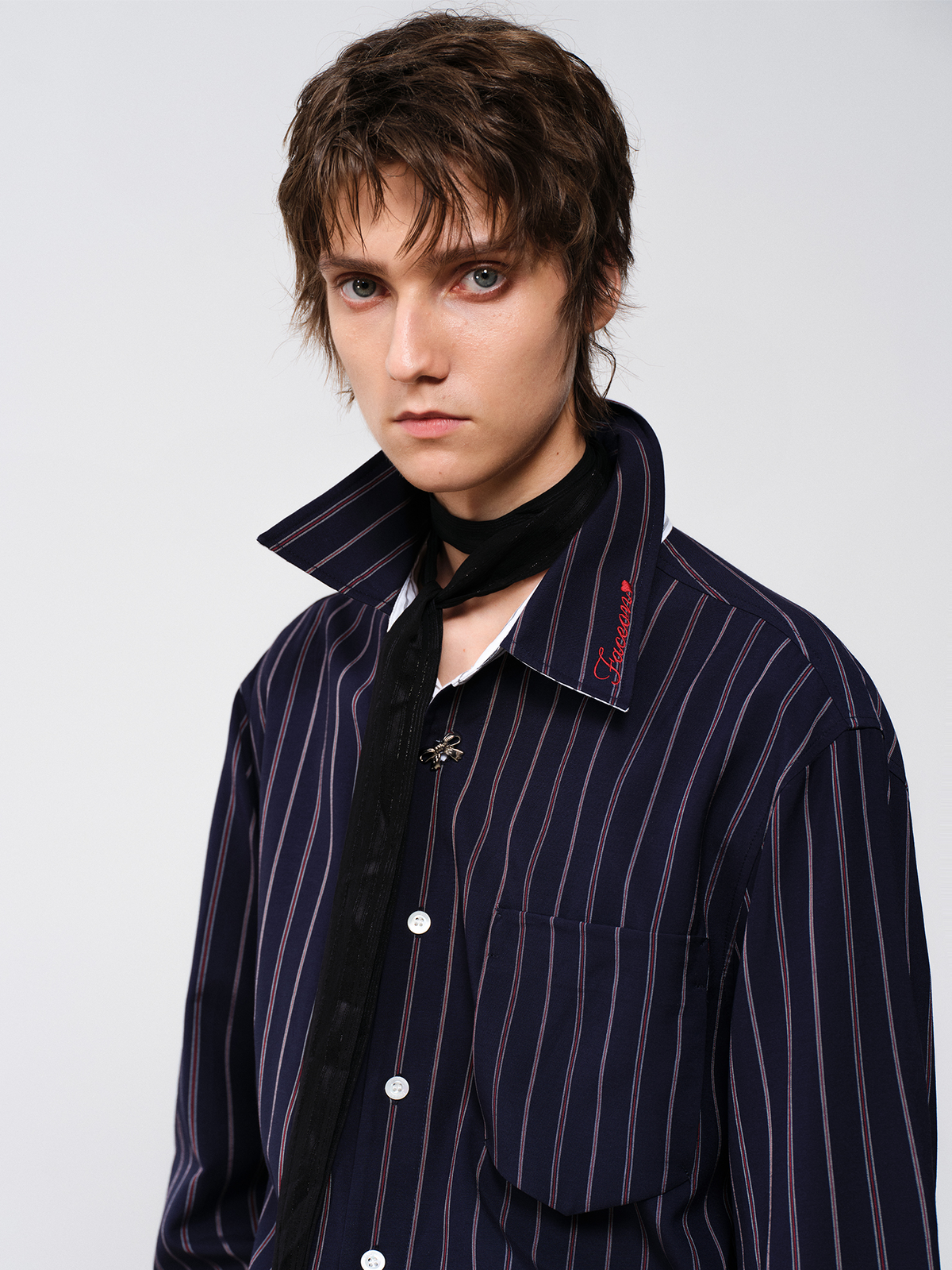 FACEONLAB Striped Spliced Embroidered Wide-Collar Shirt