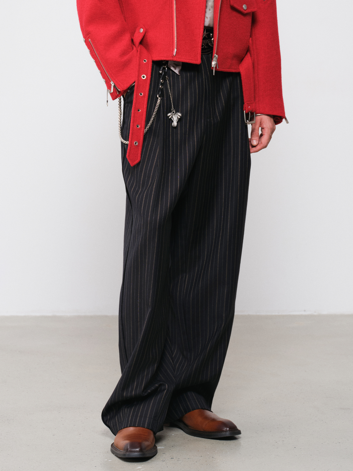FACEONLAB Striped Wool-Blend Wide-Leg Trousers